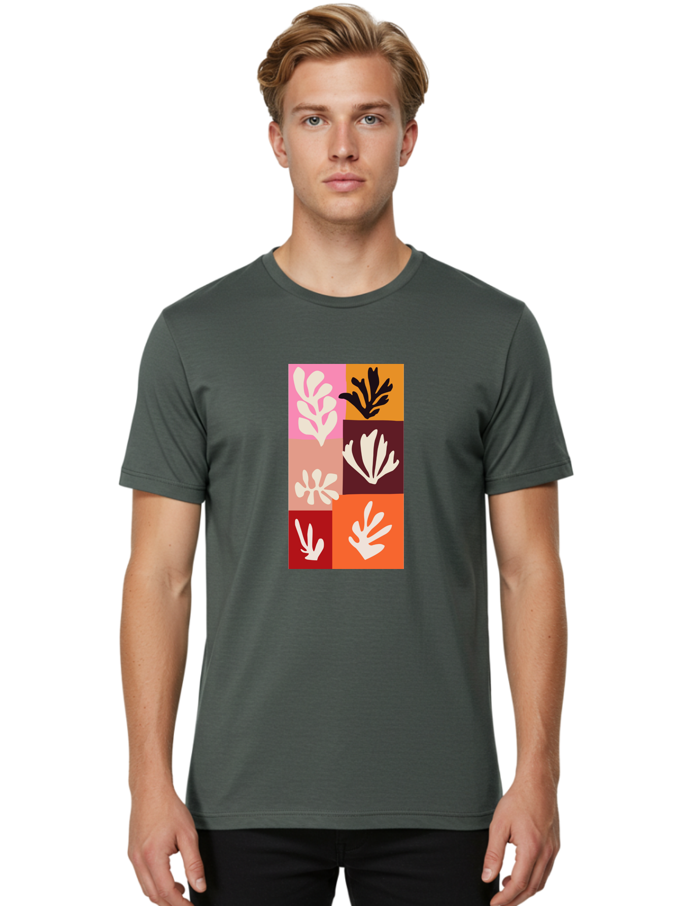 Leaf-Patterns Men'S Graphic Tee, 100% Cotton, Comfortable Casual Summer Wear, Machine Washable, Abstract Art, Cut-Out Technique, Floral Motifs, Bold Colors, Minimalist Design, Modern Art, Decorative Patterns, Leaf Silhouettes, Artistic Collage Aab622 16