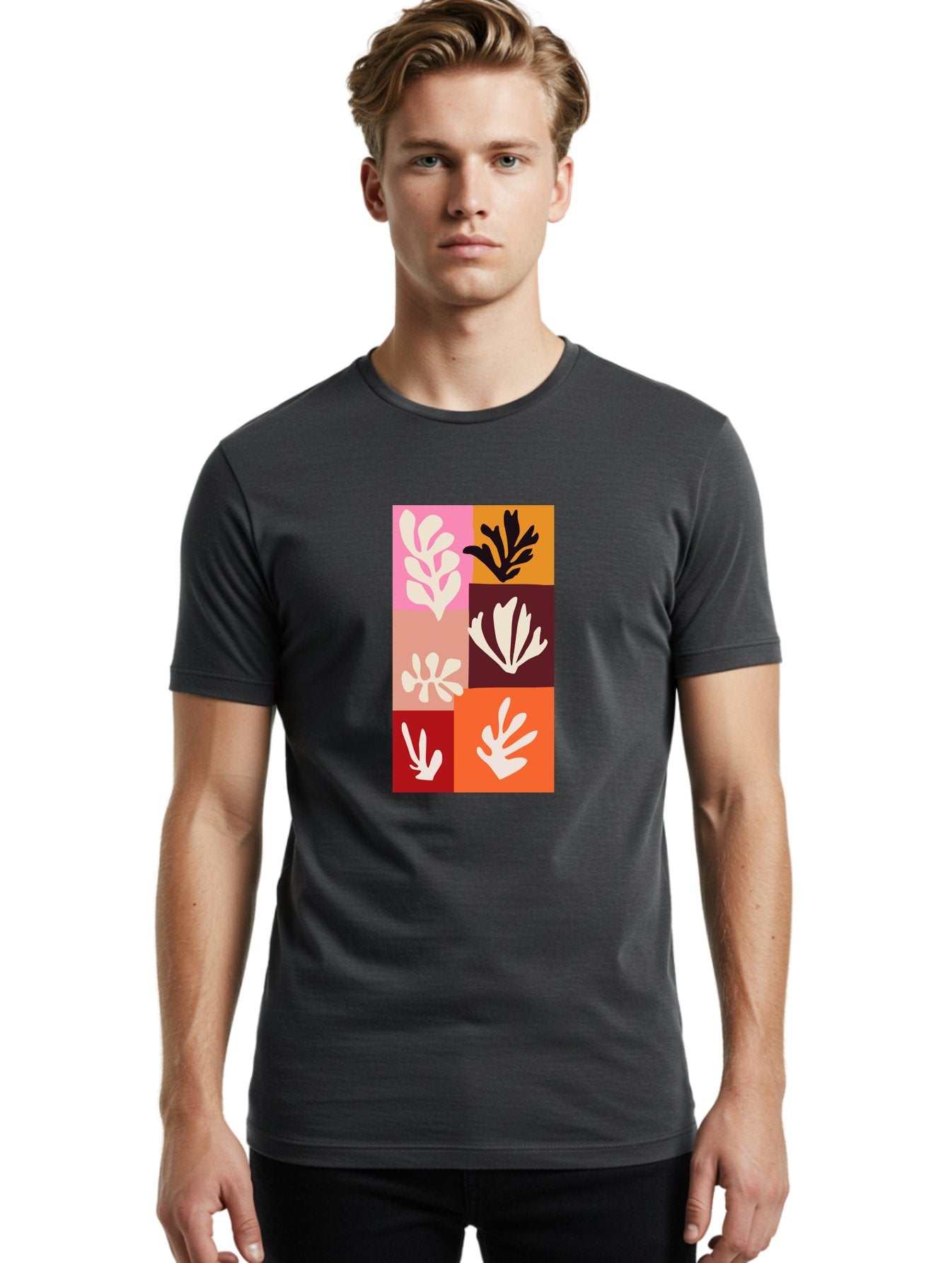 Leaf-Patterns Men'S Graphic Tee, 100% Cotton, Comfortable Casual Summer Wear, Machine Washable, Abstract Art, Cut-Out Technique, Floral Motifs, Bold Colors, Minimalist Design, Modern Art, Decorative Patterns, Leaf Silhouettes, Artistic Collage Aab622 30
