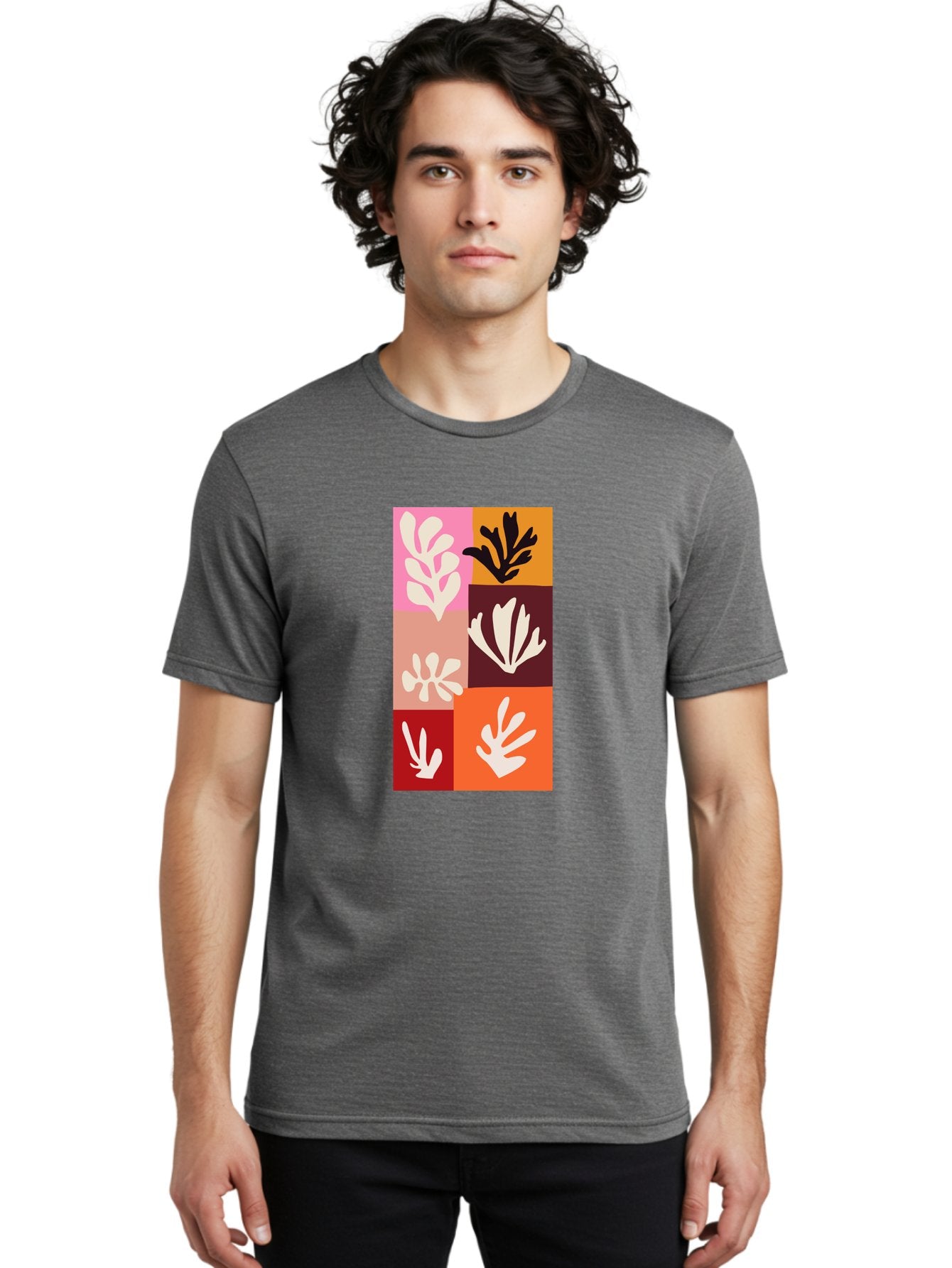 Leaf-Patterns Men'S Graphic Tee, 100% Cotton, Comfortable Casual Summer Wear, Machine Washable, Abstract Art, Cut-Out Technique, Floral Motifs, Bold Colors, Minimalist Design, Modern Art, Decorative Patterns, Leaf Silhouettes, Artistic Collage Aab622 17