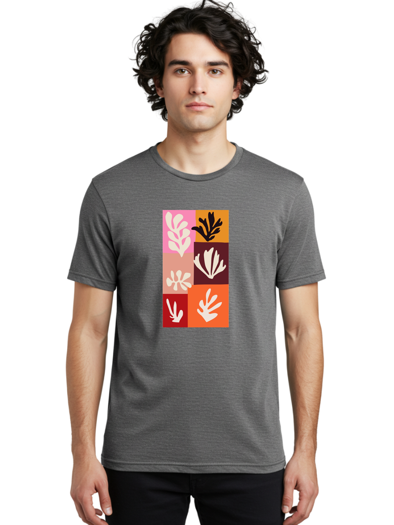 Leaf-Patterns Men'S Graphic Tee, 100% Cotton, Comfortable Casual Summer Wear, Machine Washable, Abstract Art, Cut-Out Technique, Floral Motifs, Bold Colors, Minimalist Design, Modern Art, Decorative Patterns, Leaf Silhouettes, Artistic Collage Aab622 28