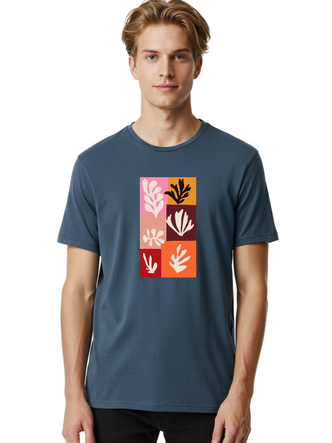 Leaf-Patterns Men'S Graphic Tee, 100% Cotton, Comfortable Casual Summer Wear, Machine Washable, Abstract Art, Cut-Out Technique, Floral Motifs, Bold Colors, Minimalist Design, Modern Art, Decorative Patterns, Leaf Silhouettes, Artistic Collage Aab622 19