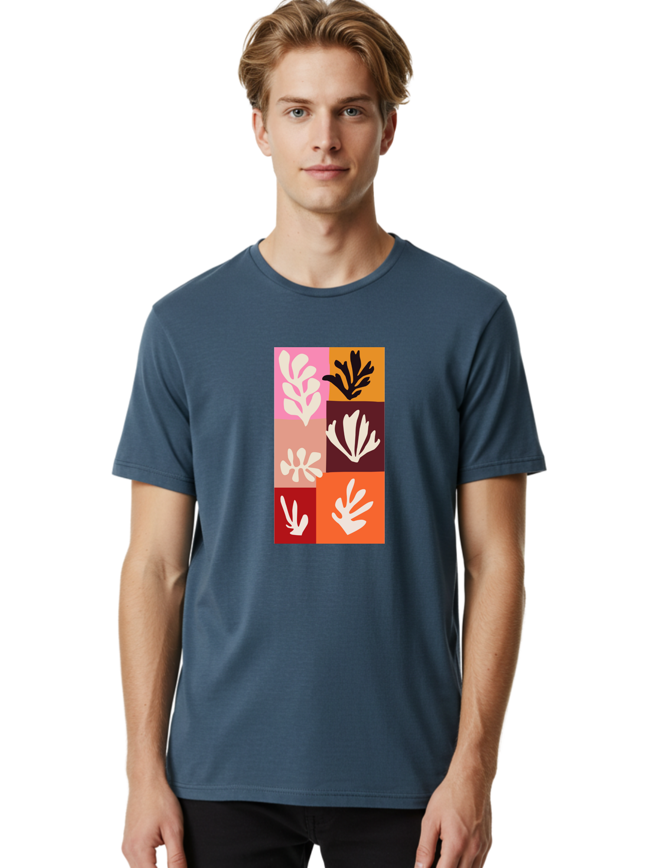 Leaf-Patterns Men'S Graphic Tee, 100% Cotton, Comfortable Casual Summer Wear, Machine Washable, Abstract Art, Cut-Out Technique, Floral Motifs, Bold Colors, Minimalist Design, Modern Art, Decorative Patterns, Leaf Silhouettes, Artistic Collage Aab622 22