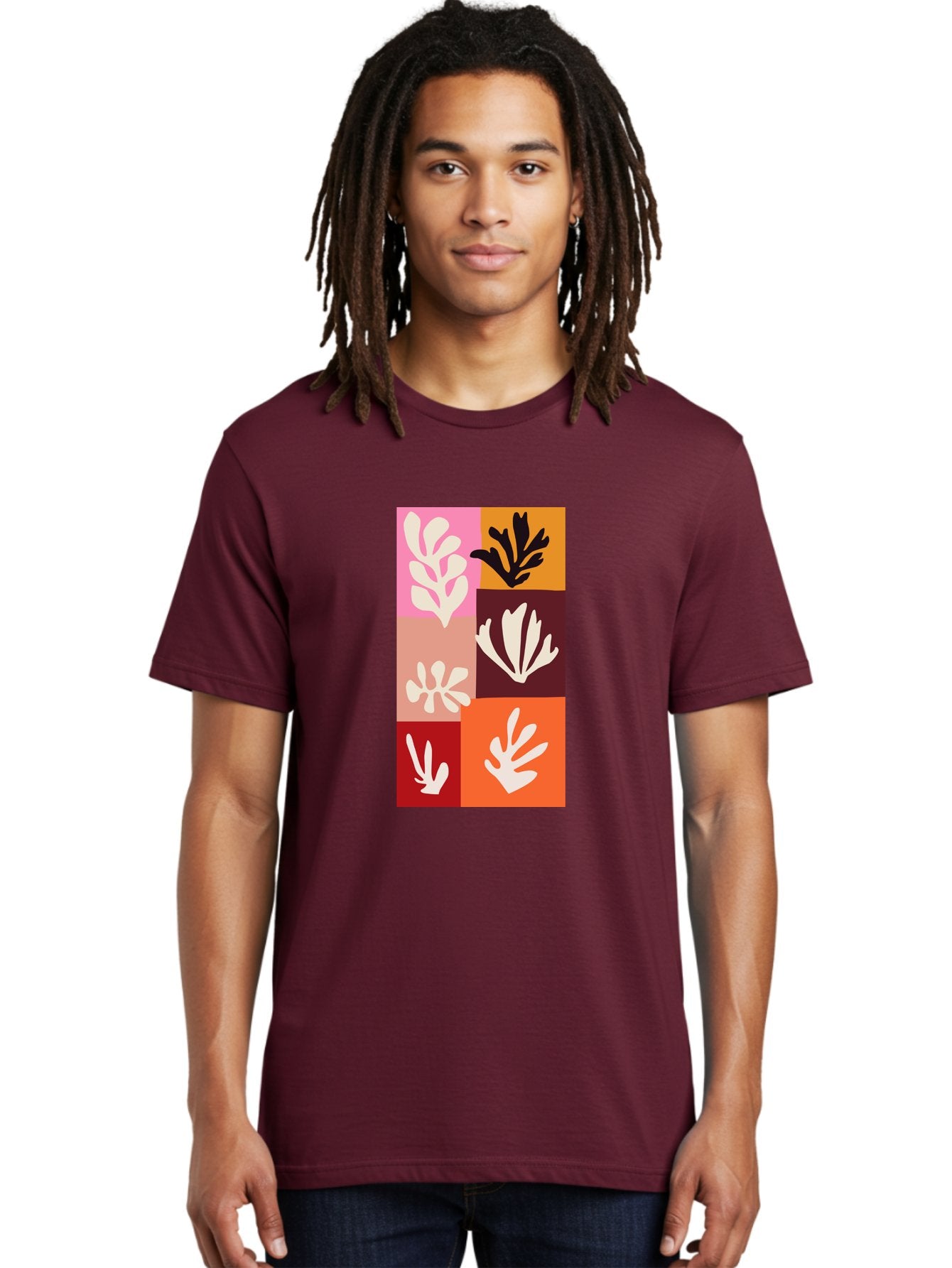 Leaf-Patterns Men'S Graphic Tee, 100% Cotton, Comfortable Casual Summer Wear, Machine Washable, Abstract Art, Cut-Out Technique, Floral Motifs, Bold Colors, Minimalist Design, Modern Art, Decorative Patterns, Leaf Silhouettes, Artistic Collage Aab622 25