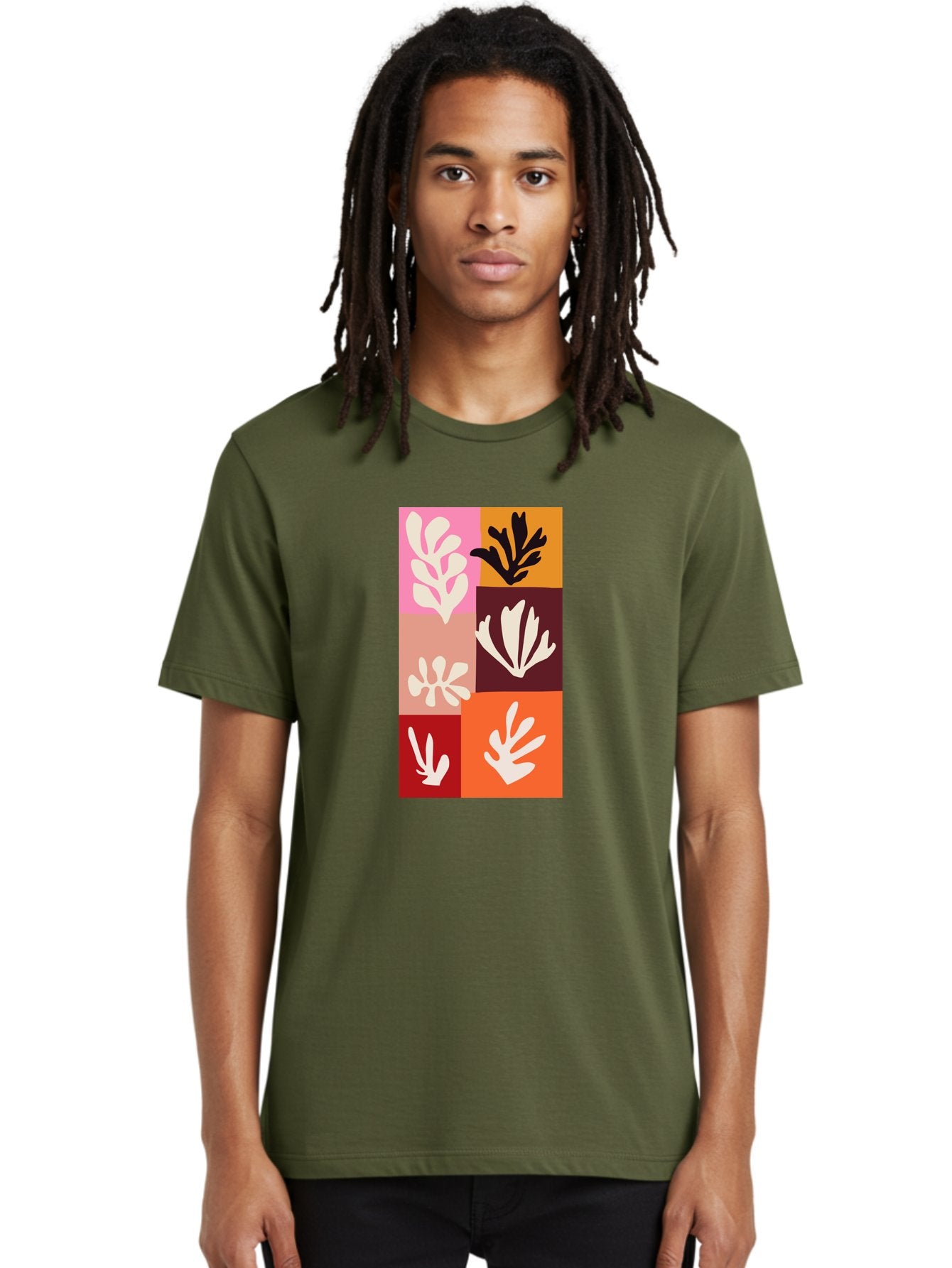 Leaf-Patterns Men'S Graphic Tee, 100% Cotton, Comfortable Casual Summer Wear, Machine Washable, Abstract Art, Cut-Out Technique, Floral Motifs, Bold Colors, Minimalist Design, Modern Art, Decorative Patterns, Leaf Silhouettes, Artistic Collage Aab622 21