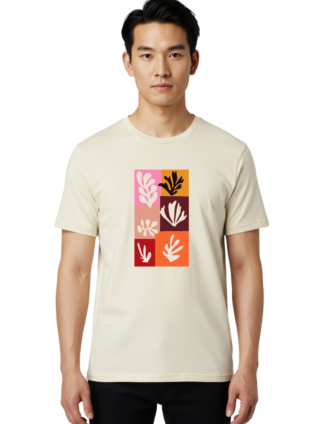 Leaf-Patterns Men'S Graphic Tee, 100% Cotton, Comfortable Casual Summer Wear, Machine Washable, Abstract Art, Cut-Out Technique, Floral Motifs, Bold Colors, Minimalist Design, Modern Art, Decorative Patterns, Leaf Silhouettes, Artistic Collage Aab622 18