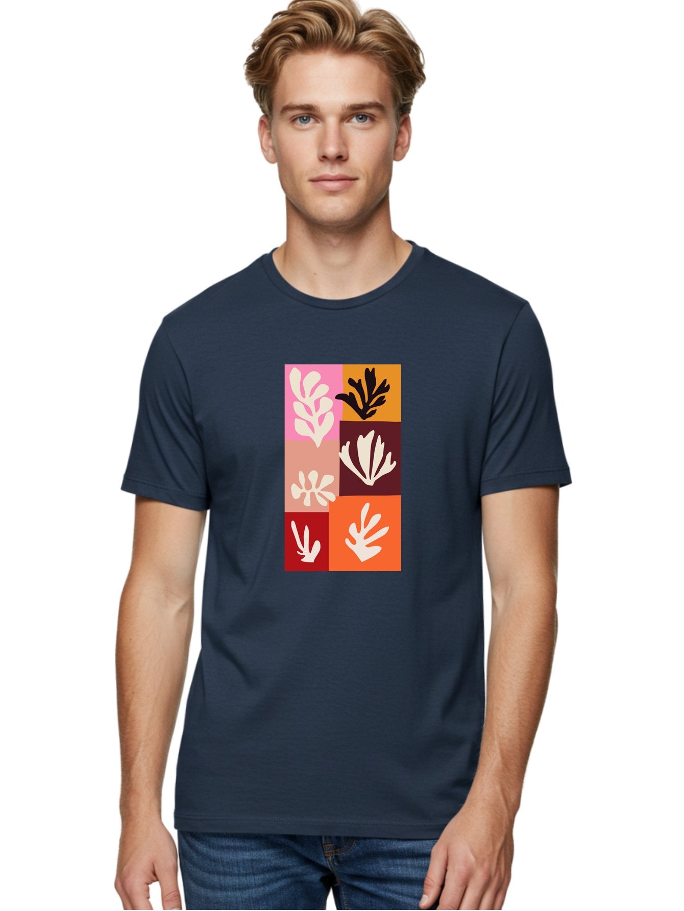 Leaf-Patterns Men'S Graphic Tee, 100% Cotton, Comfortable Casual Summer Wear, Machine Washable, Abstract Art, Cut-Out Technique, Floral Motifs, Bold Colors, Minimalist Design, Modern Art, Decorative Patterns, Leaf Silhouettes, Artistic Collage Aab622 27