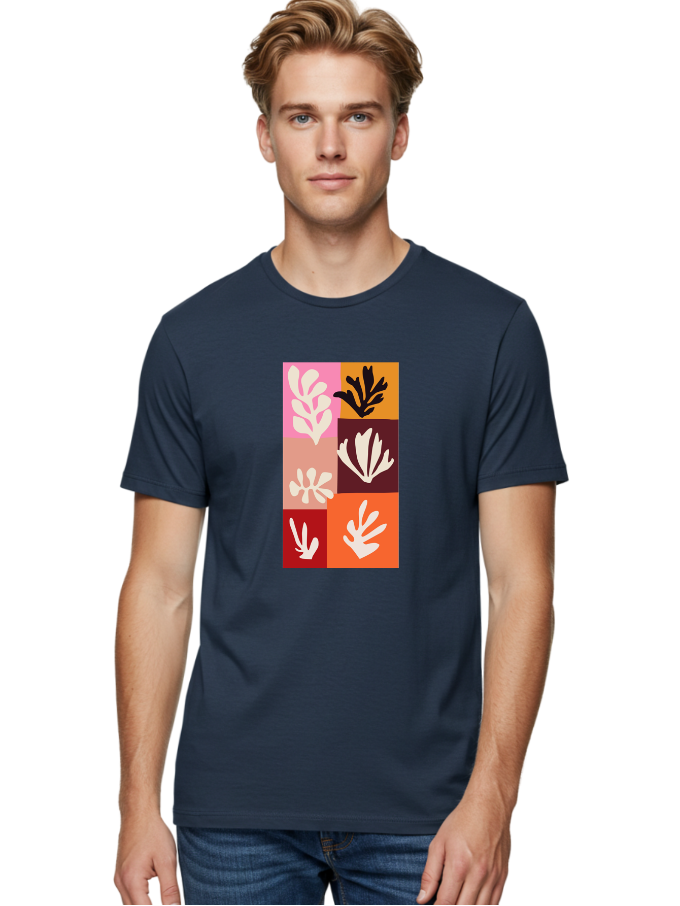 Leaf-Patterns Men'S Graphic Tee, 100% Cotton, Comfortable Casual Summer Wear, Machine Washable, Abstract Art, Cut-Out Technique, Floral Motifs, Bold Colors, Minimalist Design, Modern Art, Decorative Patterns, Leaf Silhouettes, Artistic Collage Aab622 8