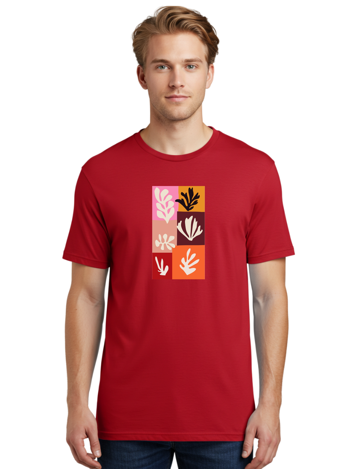 Leaf-Patterns Men'S Graphic Tee, 100% Cotton, Comfortable Casual Summer Wear, Machine Washable, Abstract Art, Cut-Out Technique, Floral Motifs, Bold Colors, Minimalist Design, Modern Art, Decorative Patterns, Leaf Silhouettes, Artistic Collage Aab622 24