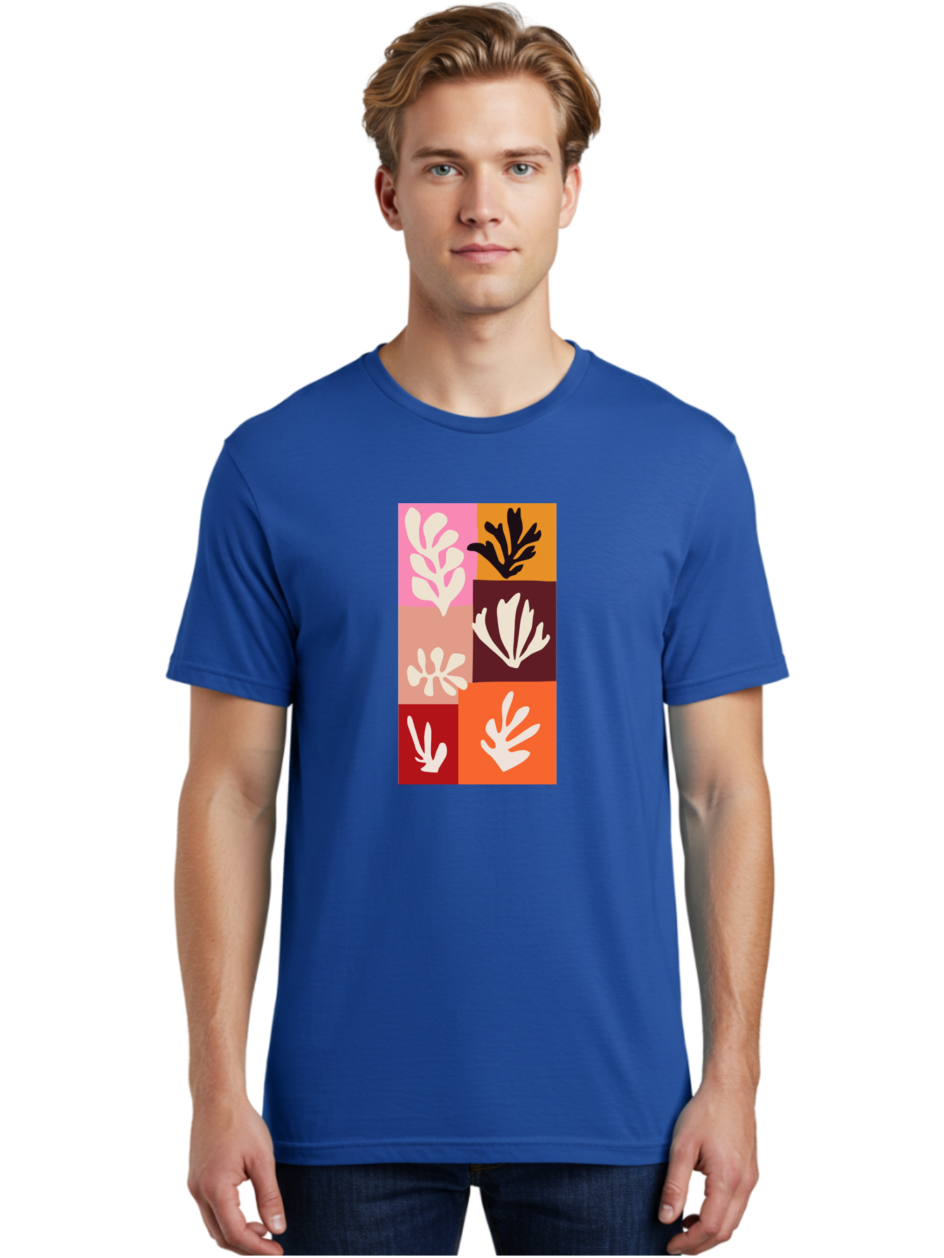 Leaf-Patterns Men'S Graphic Tee, 100% Cotton, Comfortable Casual Summer Wear, Machine Washable, Abstract Art, Cut-Out Technique, Floral Motifs, Bold Colors, Minimalist Design, Modern Art, Decorative Patterns, Leaf Silhouettes, Artistic Collage Aab622 4