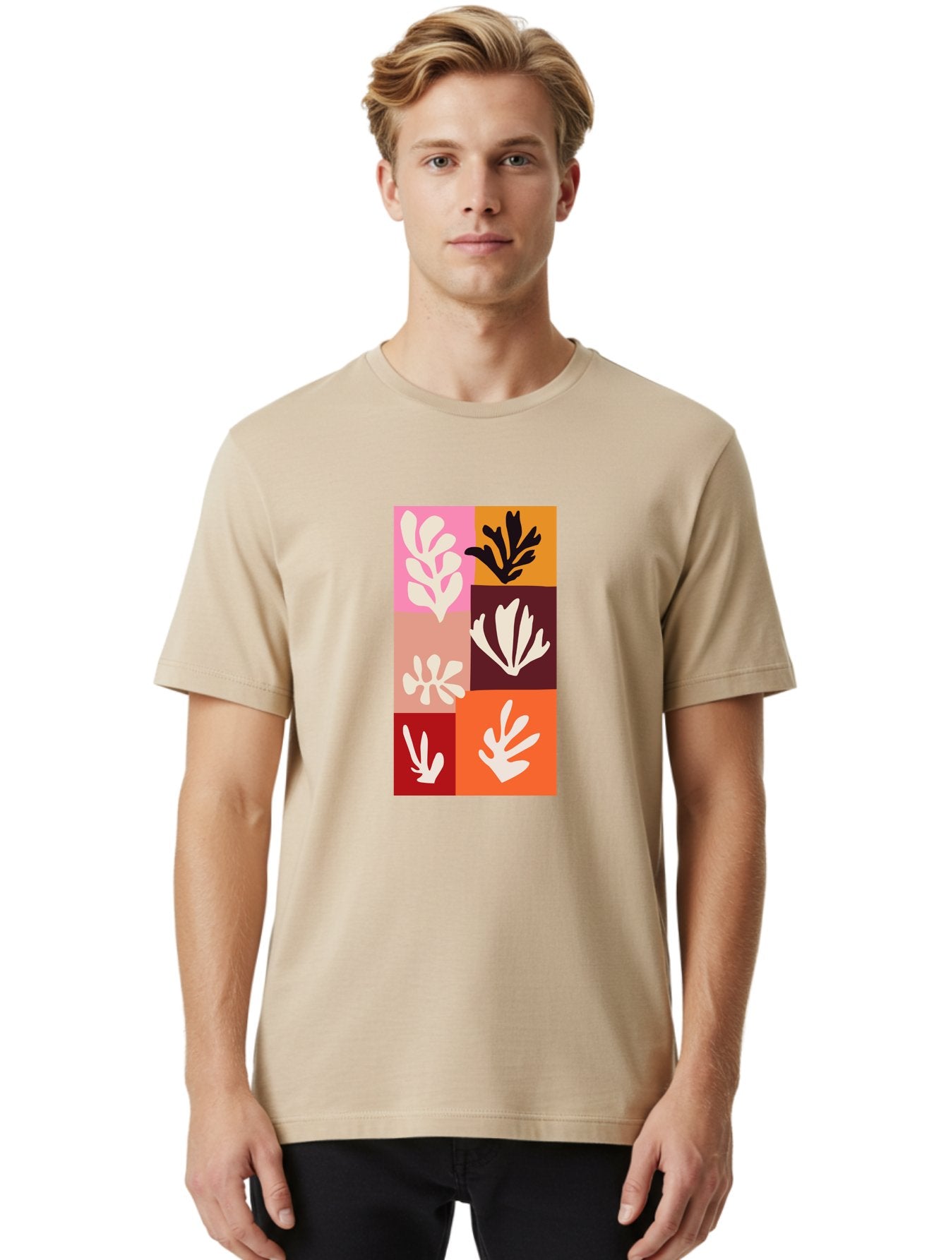 Leaf-Patterns Men'S Graphic Tee, 100% Cotton, Comfortable Casual Summer Wear, Machine Washable, Abstract Art, Cut-Out Technique, Floral Motifs, Bold Colors, Minimalist Design, Modern Art, Decorative Patterns, Leaf Silhouettes, Artistic Collage Aab622 24