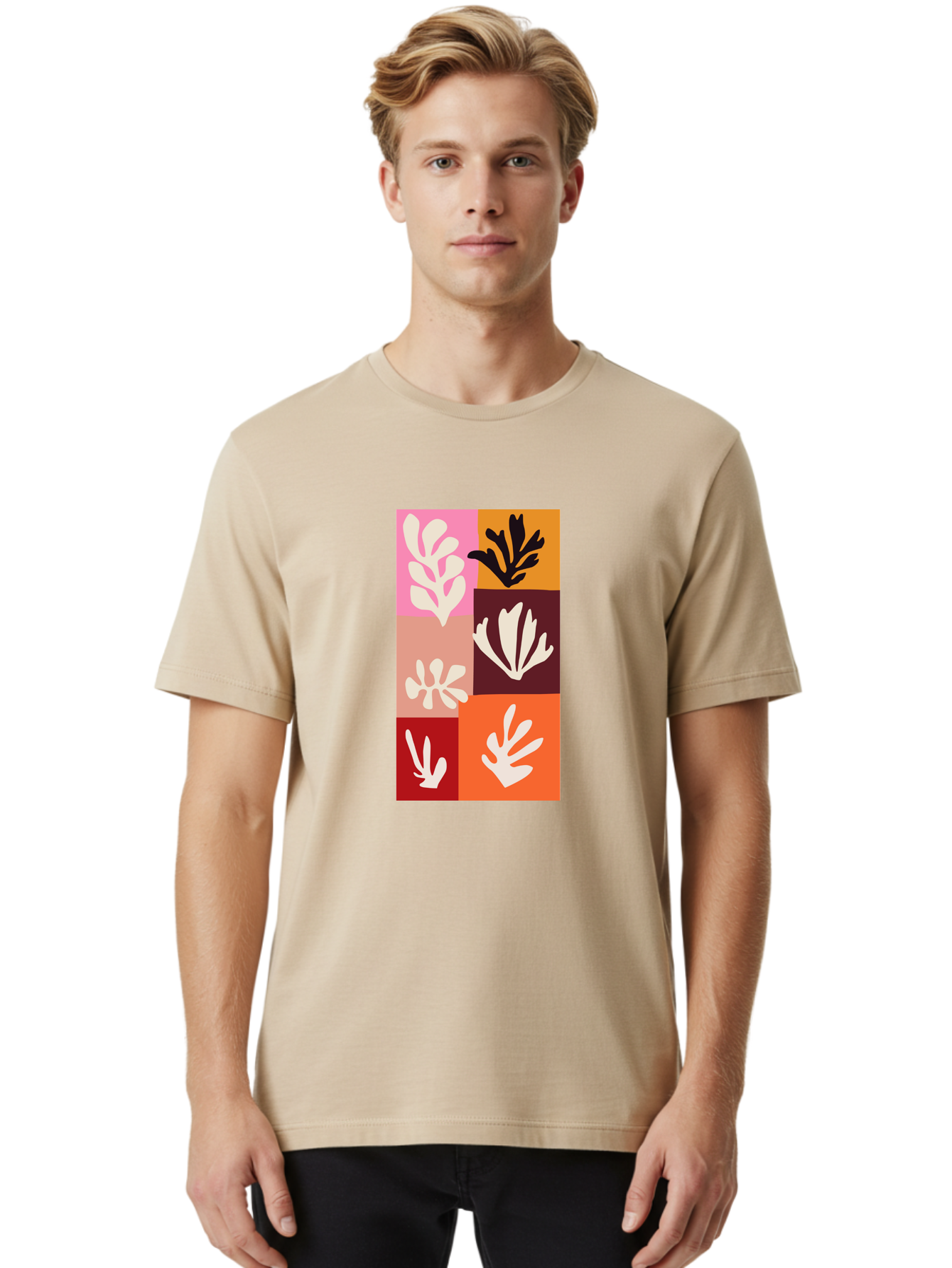 Leaf-Patterns Men'S Graphic Tee, 100% Cotton, Comfortable Casual Summer Wear, Machine Washable, Abstract Art, Cut-Out Technique, Floral Motifs, Bold Colors, Minimalist Design, Modern Art, Decorative Patterns, Leaf Silhouettes, Artistic Collage Aab622 14