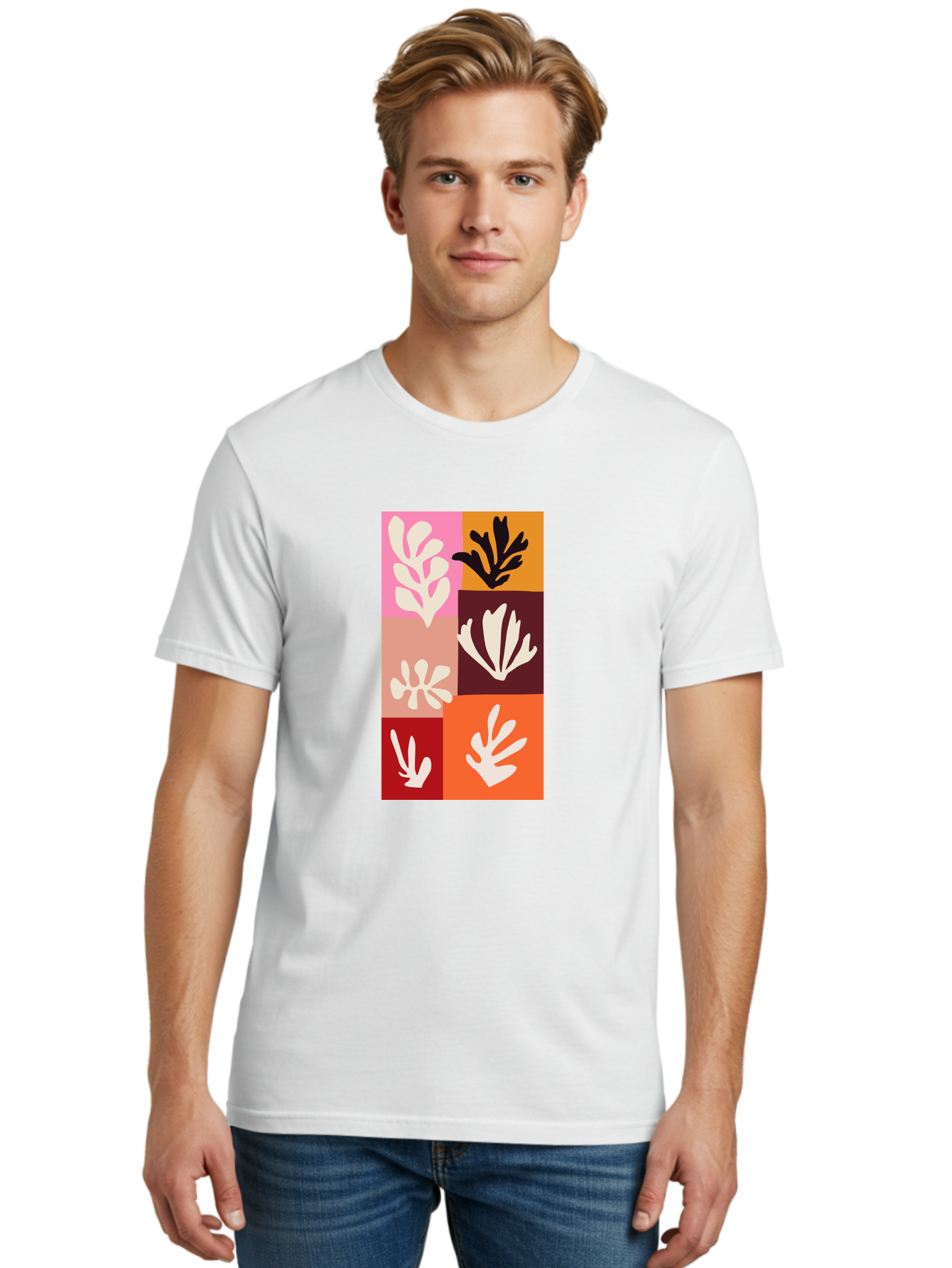Leaf-Patterns Men'S Graphic Tee, 100% Cotton, Comfortable Casual Summer Wear, Machine Washable, Abstract Art, Cut-Out Technique, Floral Motifs, Bold Colors, Minimalist Design, Modern Art, Decorative Patterns, Leaf Silhouettes, Artistic Collage Aab622 30