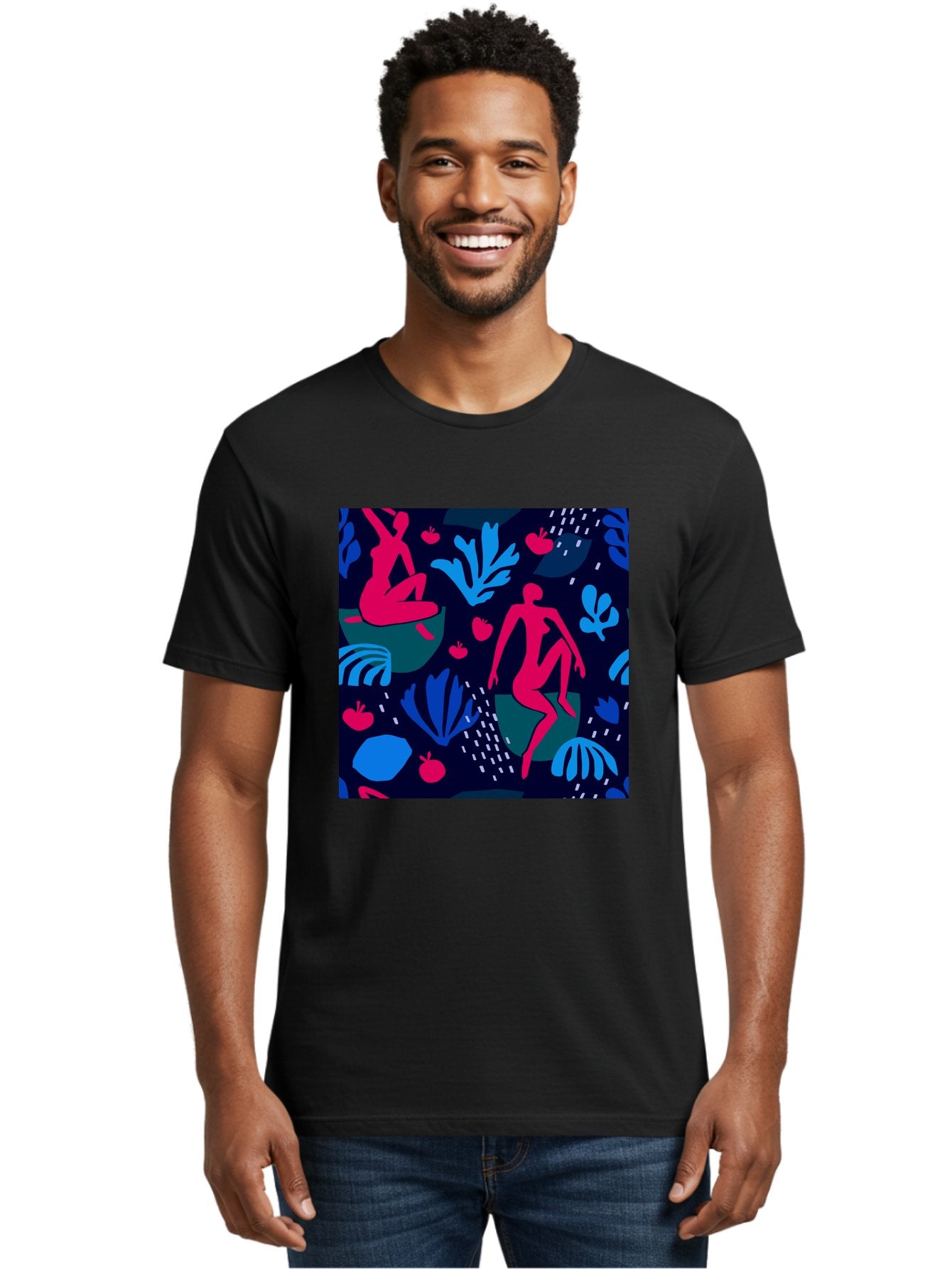 People-In-Nature Men'S Graphic Tee, 100% Cotton, Comfortable Casual Summer Wear, Machine Washable, Stylized Female Figures, Botanical Elements, Abstract Shapes, Vibrant Colors, Dynamic Composition, Modern Art, Surrealism, Creative Expression Aab624 22