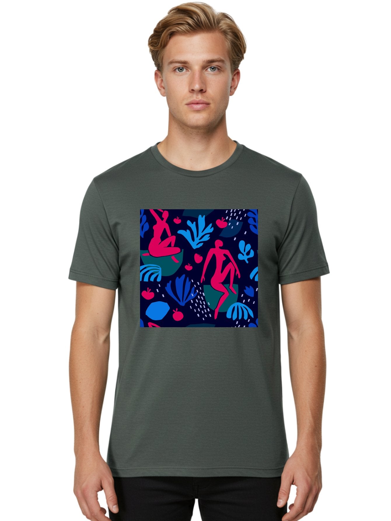 People-In-Nature Men'S Graphic Tee, 100% Cotton, Comfortable Casual Summer Wear, Machine Washable, Stylized Female Figures, Botanical Elements, Abstract Shapes, Vibrant Colors, Dynamic Composition, Modern Art, Surrealism, Creative Expression Aab624 24