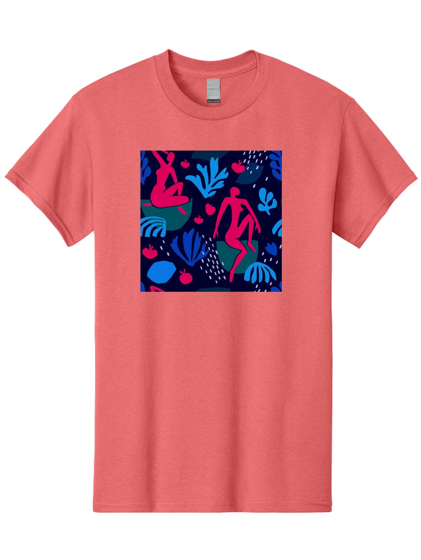 People-In-Nature Men'S Graphic Tee, 100% Cotton, Comfortable Casual Summer Wear, Machine Washable, Stylized Female Figures, Botanical Elements, Abstract Shapes, Vibrant Colors, Dynamic Composition, Modern Art, Surrealism, Creative Expression Aab624