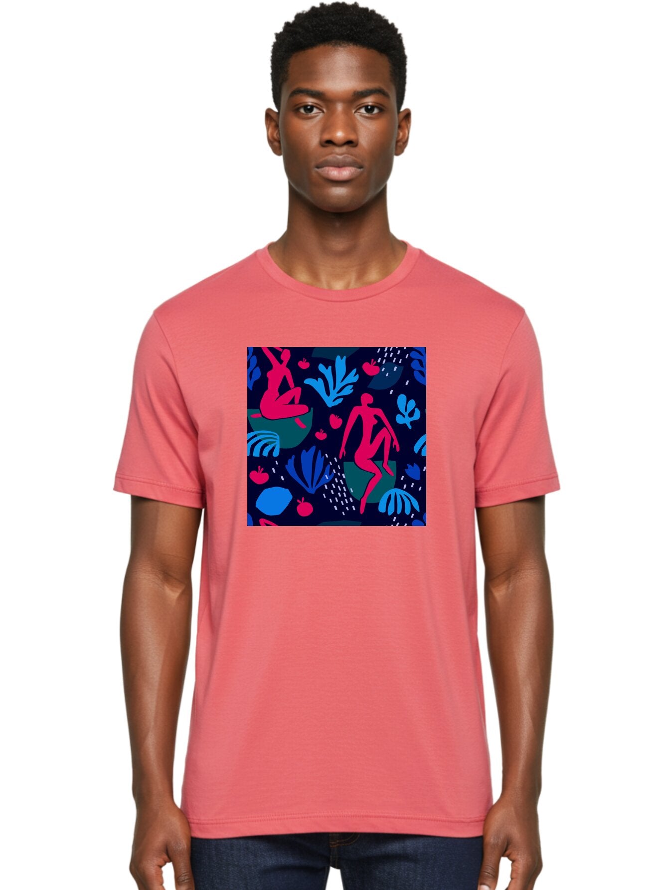 People-In-Nature Men'S Graphic Tee, 100% Cotton, Comfortable Casual Summer Wear, Machine Washable, Stylized Female Figures, Botanical Elements, Abstract Shapes, Vibrant Colors, Dynamic Composition, Modern Art, Surrealism, Creative Expression Aab624 19