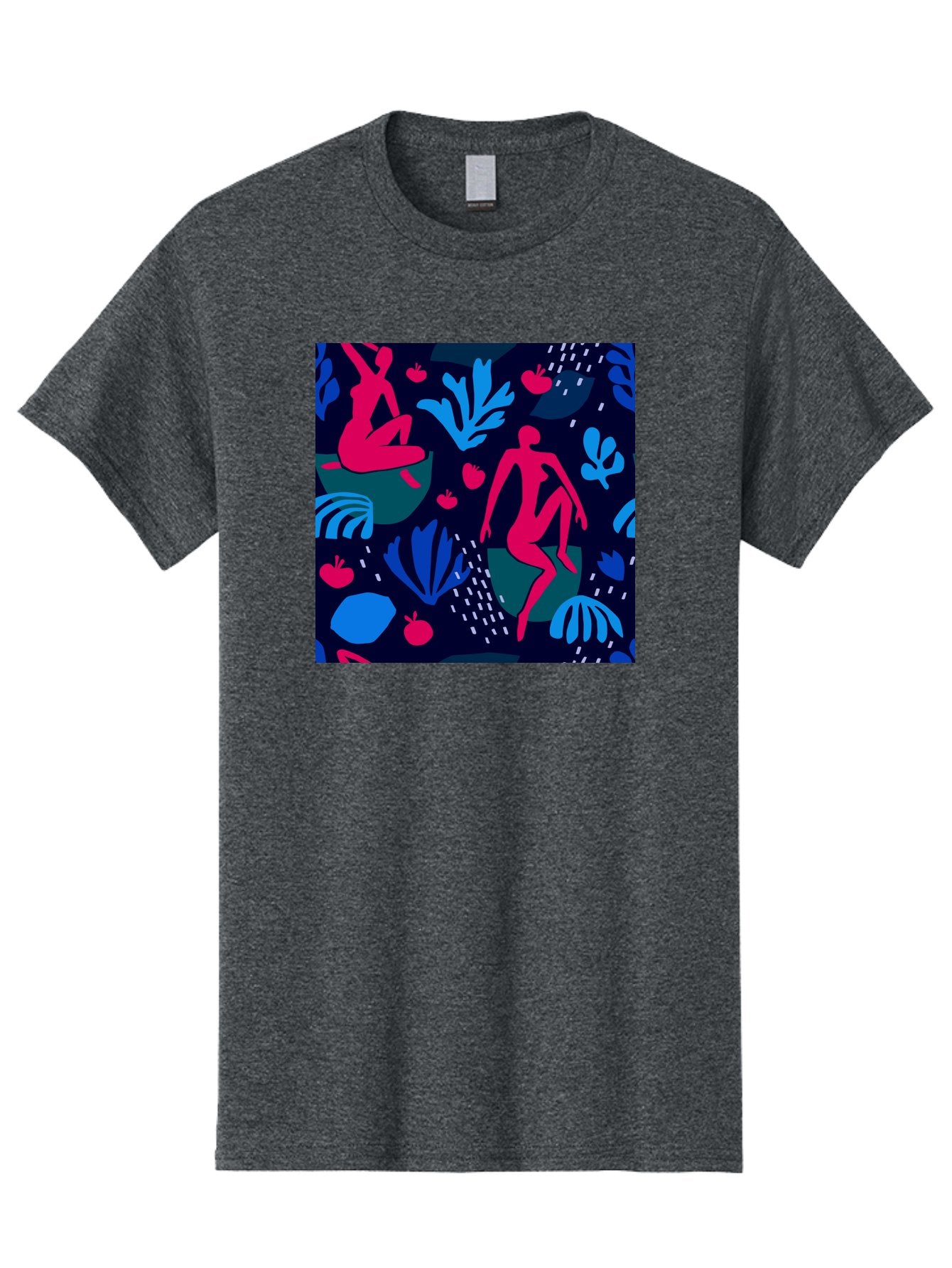 People-In-Nature Men'S Graphic Tee, 100% Cotton, Comfortable Casual Summer Wear, Machine Washable, Stylized Female Figures, Botanical Elements, Abstract Shapes, Vibrant Colors, Dynamic Composition, Modern Art, Surrealism, Creative Expression Aab624 5