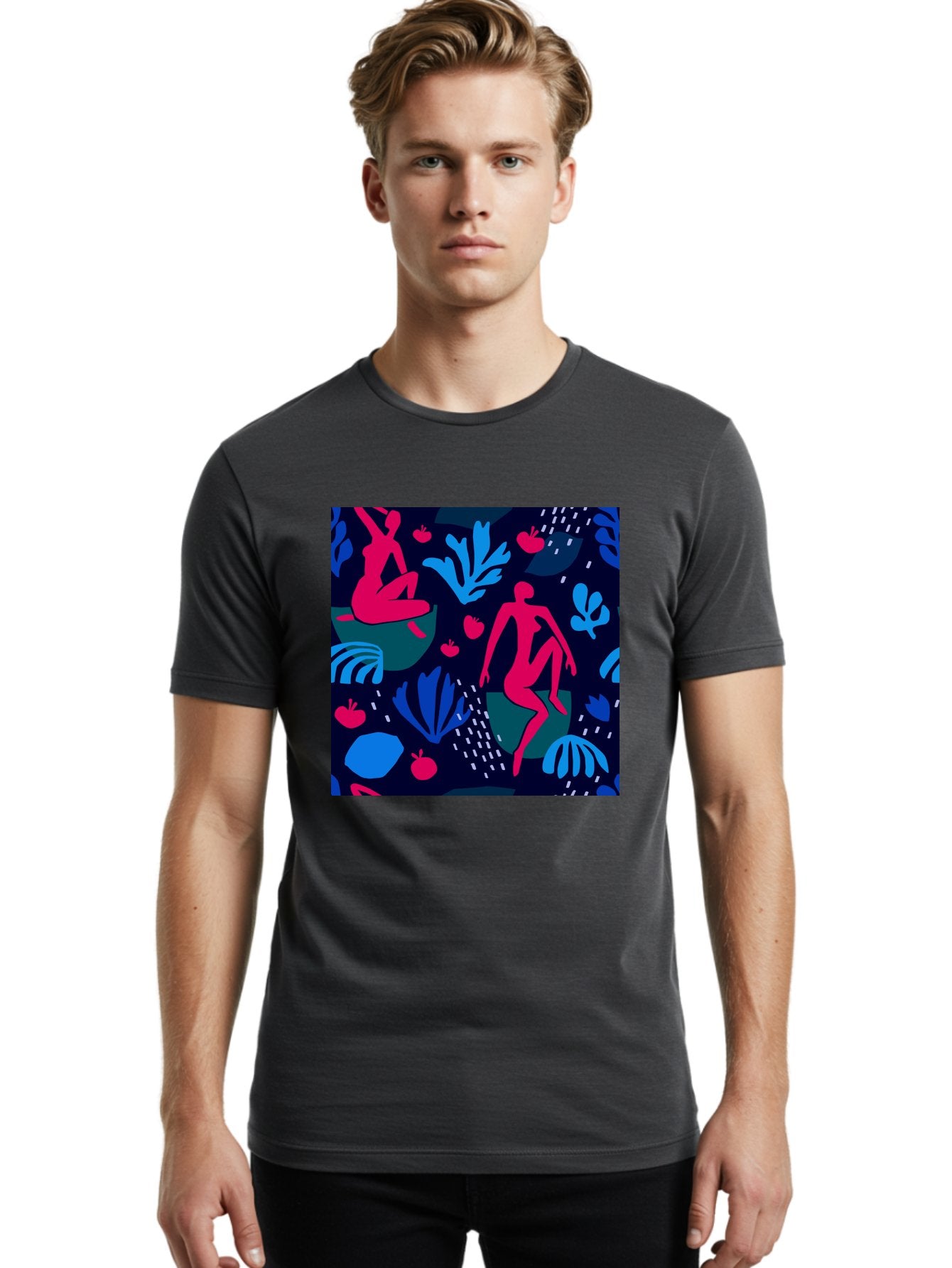 People-In-Nature Men'S Graphic Tee, 100% Cotton, Comfortable Casual Summer Wear, Machine Washable, Stylized Female Figures, Botanical Elements, Abstract Shapes, Vibrant Colors, Dynamic Composition, Modern Art, Surrealism, Creative Expression Aab624 23
