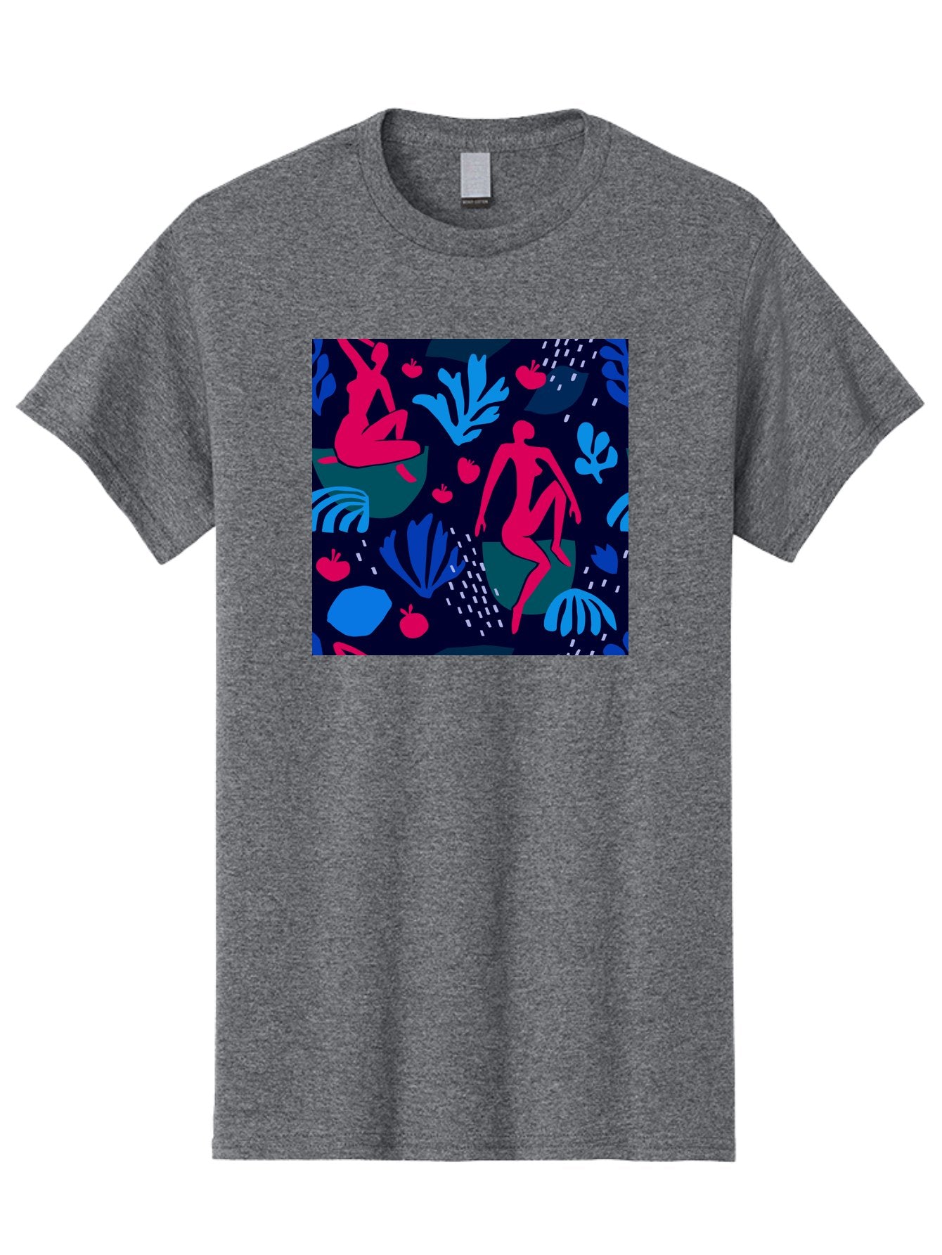 People-In-Nature Men'S Graphic Tee, 100% Cotton, Comfortable Casual Summer Wear, Machine Washable, Stylized Female Figures, Botanical Elements, Abstract Shapes, Vibrant Colors, Dynamic Composition, Modern Art, Surrealism, Creative Expression Aab624 13
