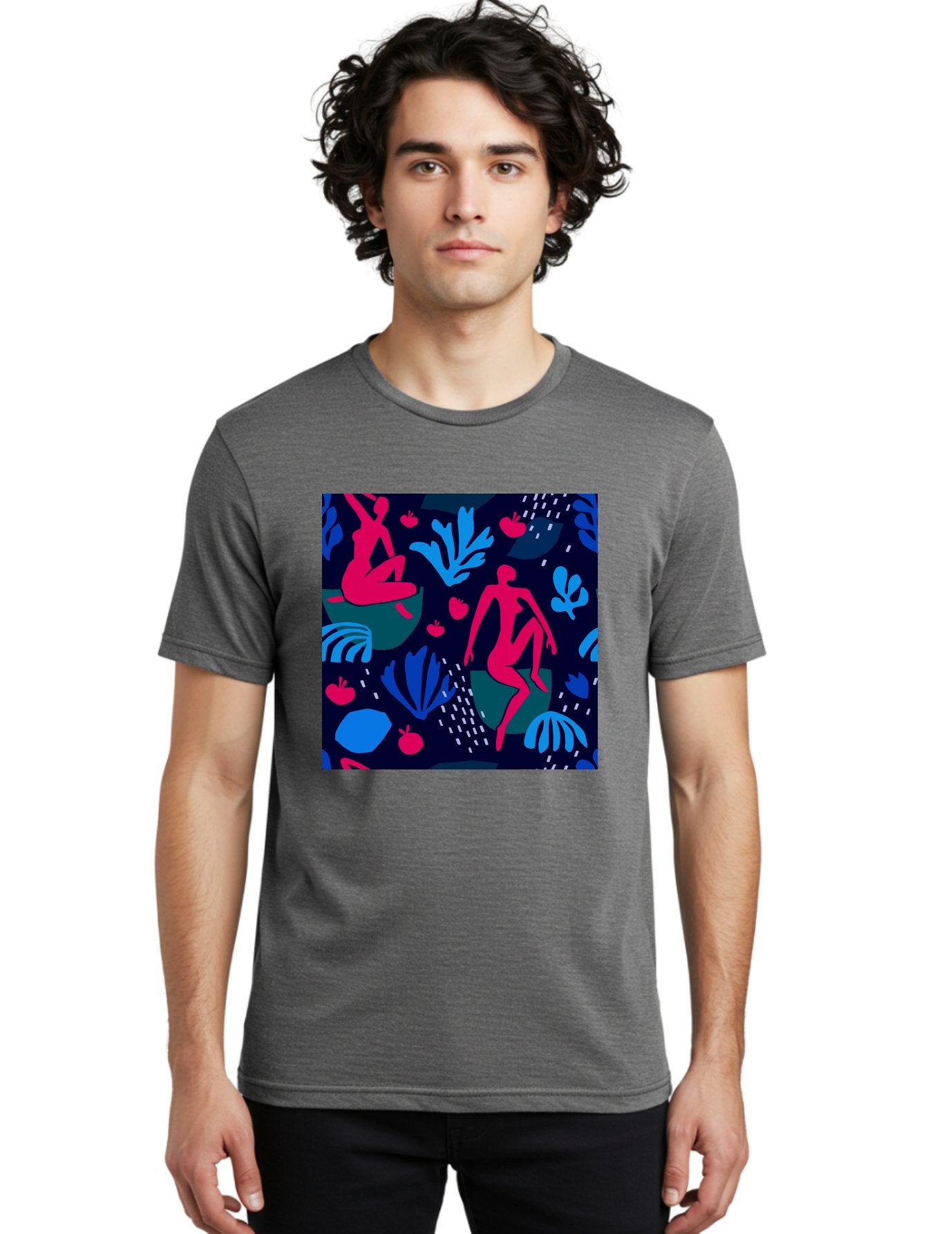 People-In-Nature Men'S Graphic Tee, 100% Cotton, Comfortable Casual Summer Wear, Machine Washable, Stylized Female Figures, Botanical Elements, Abstract Shapes, Vibrant Colors, Dynamic Composition, Modern Art, Surrealism, Creative Expression Aab624 20