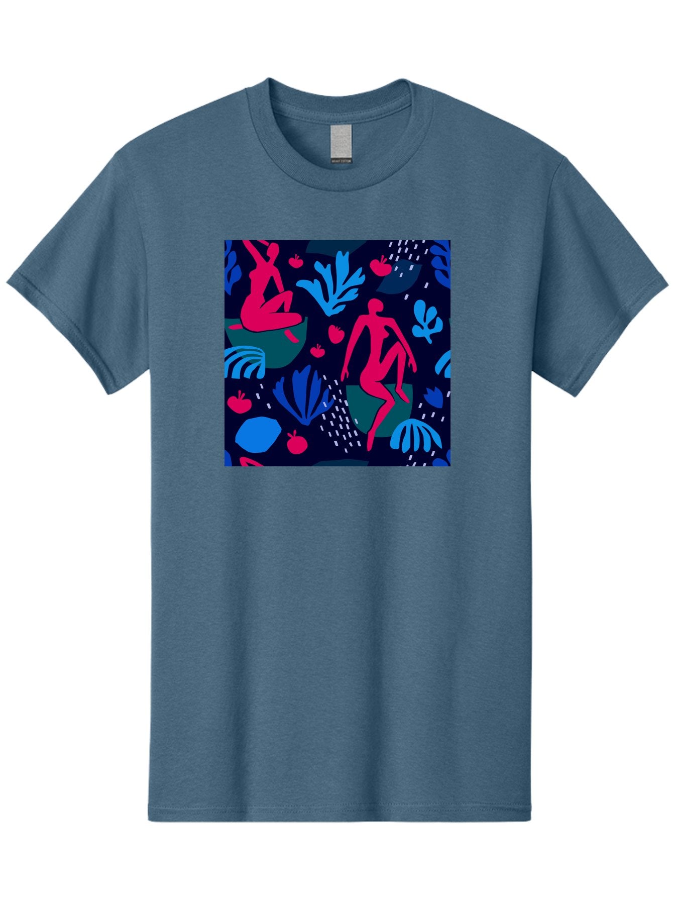 People-In-Nature Men'S Graphic Tee, 100% Cotton, Comfortable Casual Summer Wear, Machine Washable, Stylized Female Figures, Botanical Elements, Abstract Shapes, Vibrant Colors, Dynamic Composition, Modern Art, Surrealism, Creative Expression Aab624 10