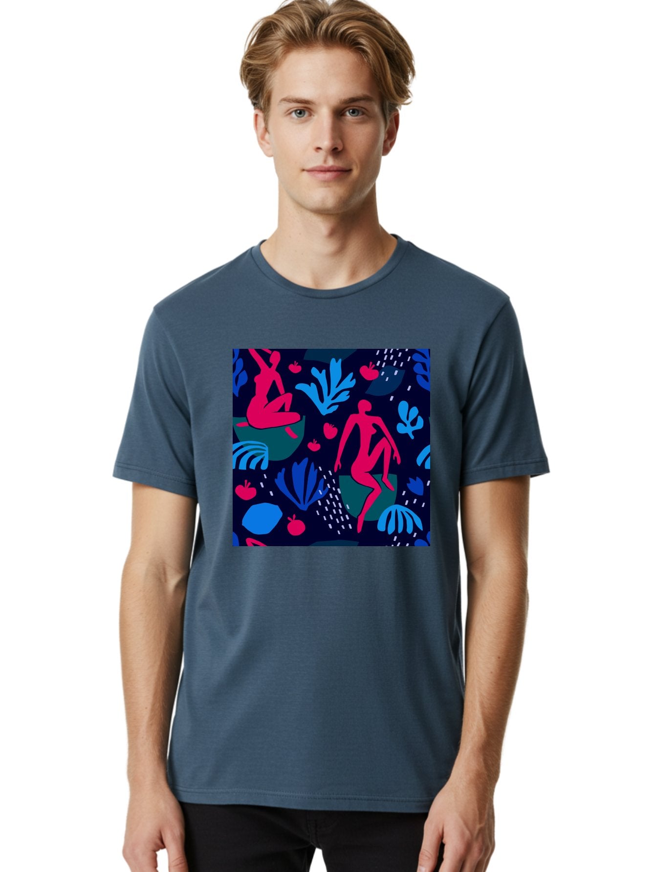 People-In-Nature Men'S Graphic Tee, 100% Cotton, Comfortable Casual Summer Wear, Machine Washable, Stylized Female Figures, Botanical Elements, Abstract Shapes, Vibrant Colors, Dynamic Composition, Modern Art, Surrealism, Creative Expression Aab624 17