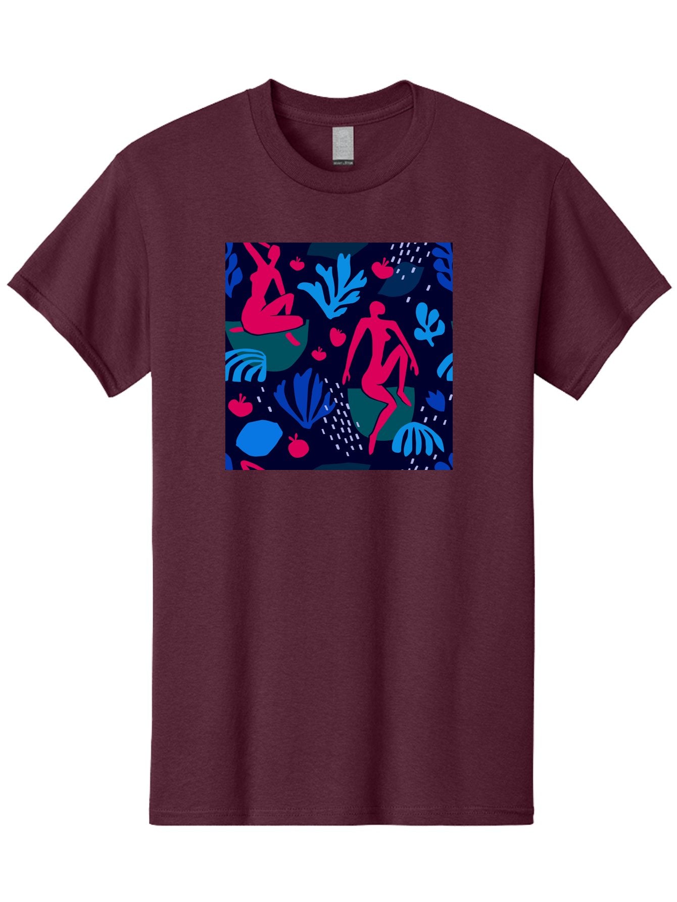 People-In-Nature Men'S Graphic Tee, 100% Cotton, Comfortable Casual Summer Wear, Machine Washable, Stylized Female Figures, Botanical Elements, Abstract Shapes, Vibrant Colors, Dynamic Composition, Modern Art, Surrealism, Creative Expression Aab624