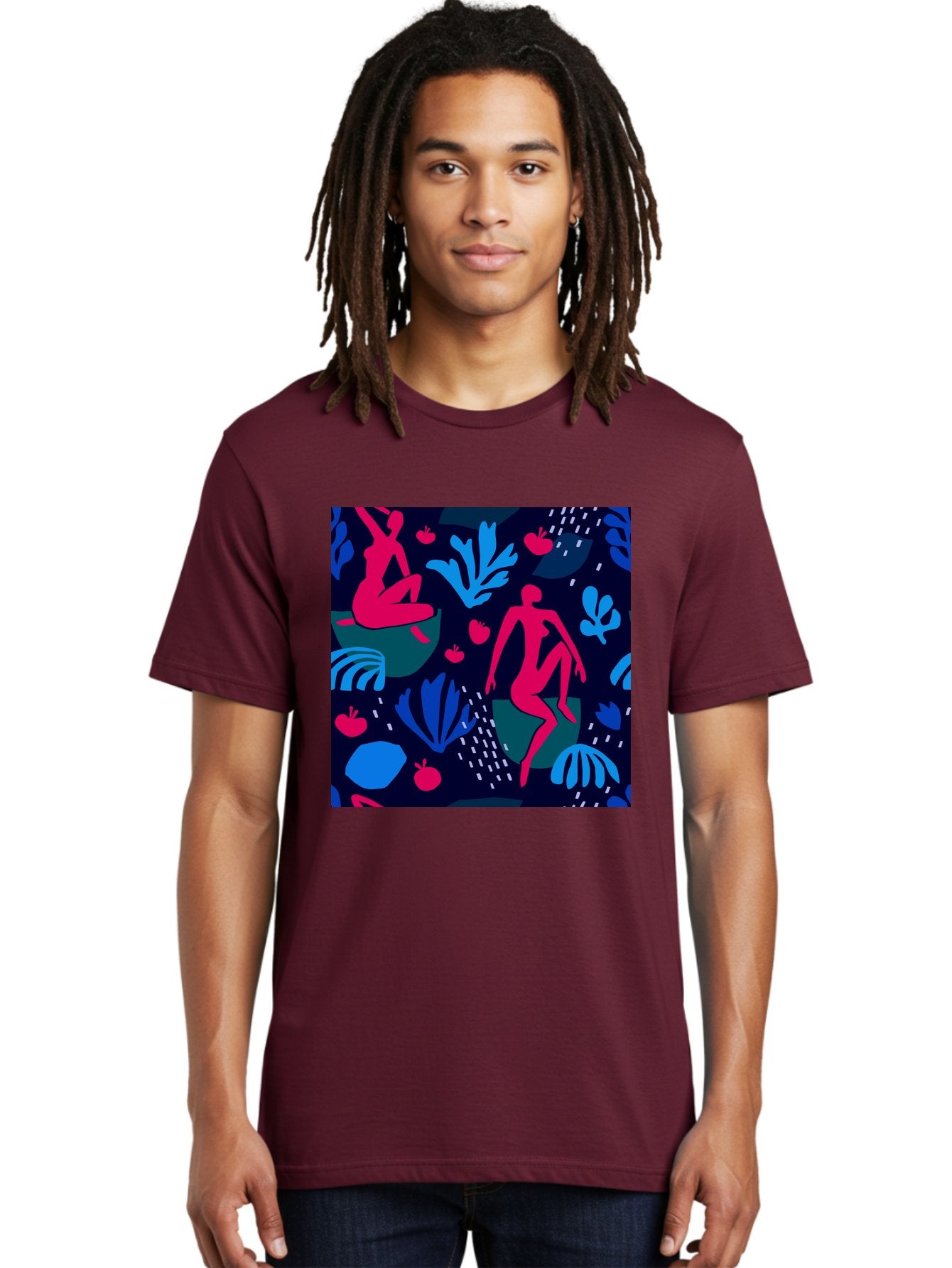People-In-Nature Men'S Graphic Tee, 100% Cotton, Comfortable Casual Summer Wear, Machine Washable, Stylized Female Figures, Botanical Elements, Abstract Shapes, Vibrant Colors, Dynamic Composition, Modern Art, Surrealism, Creative Expression Aab624 21