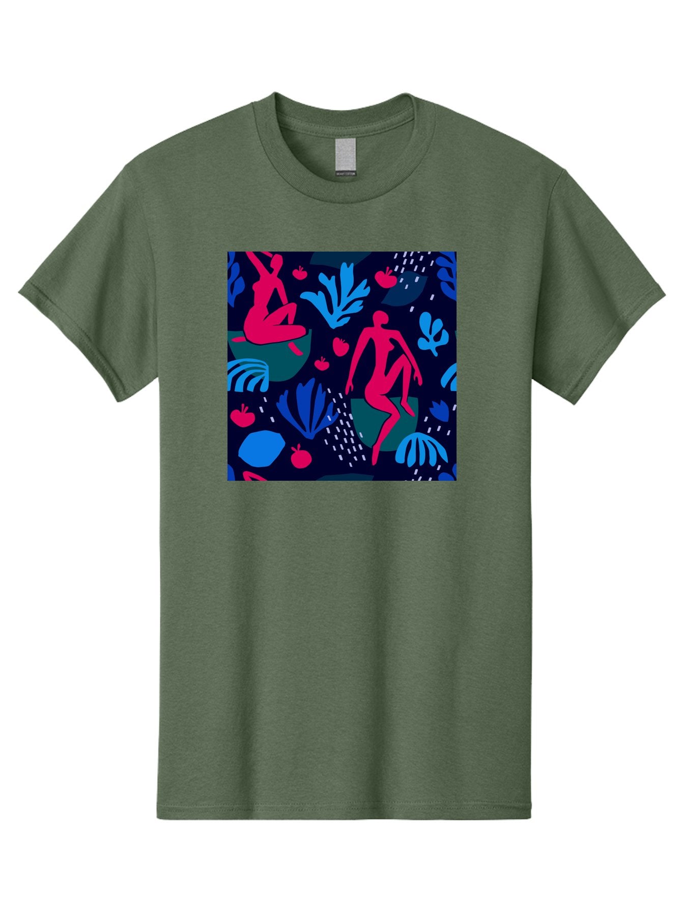 People-In-Nature Men'S Graphic Tee, 100% Cotton, Comfortable Casual Summer Wear, Machine Washable, Stylized Female Figures, Botanical Elements, Abstract Shapes, Vibrant Colors, Dynamic Composition, Modern Art, Surrealism, Creative Expression Aab624 8