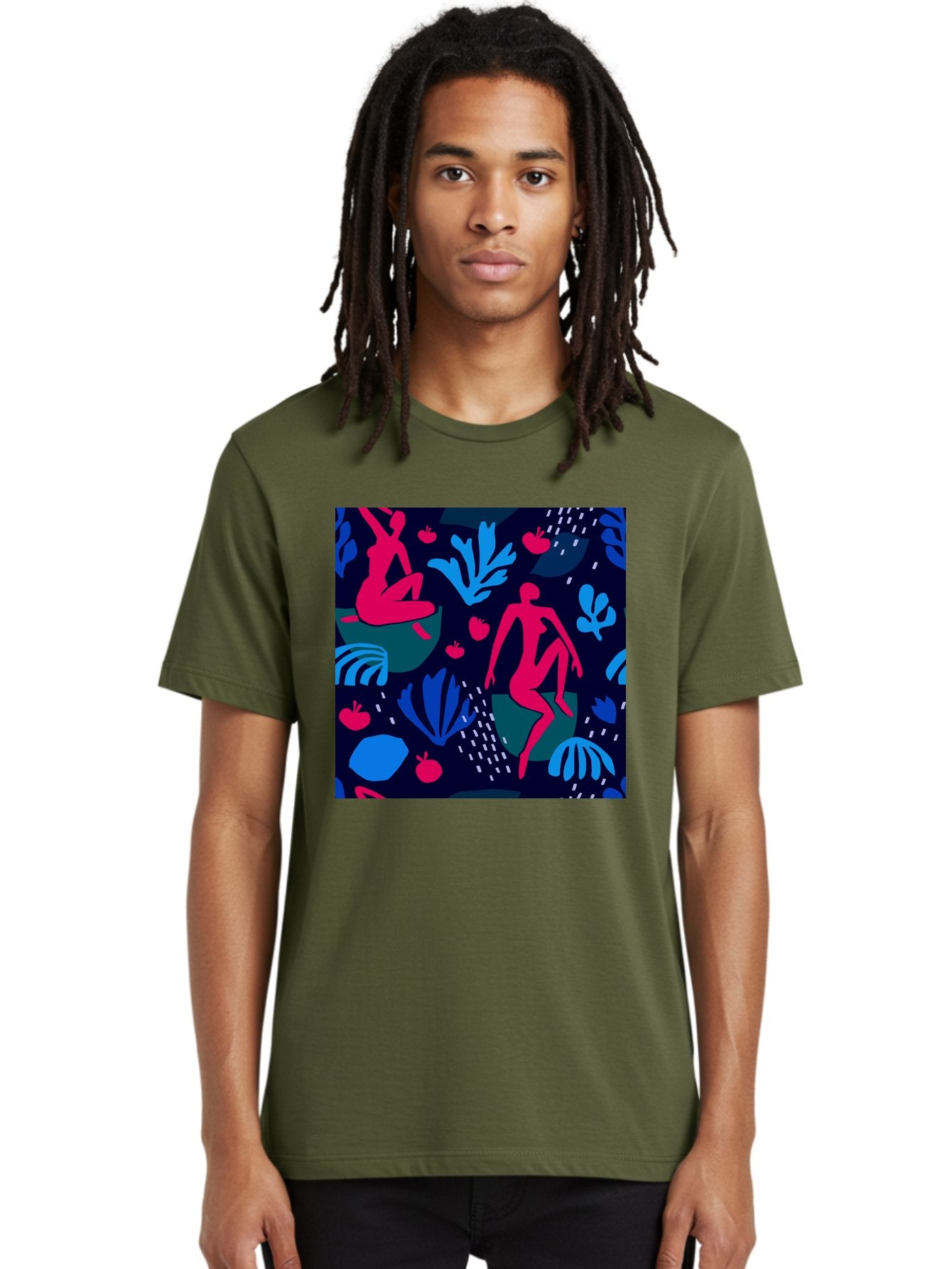 People-In-Nature Men'S Graphic Tee, 100% Cotton, Comfortable Casual Summer Wear, Machine Washable, Stylized Female Figures, Botanical Elements, Abstract Shapes, Vibrant Colors, Dynamic Composition, Modern Art, Surrealism, Creative Expression Aab624 25