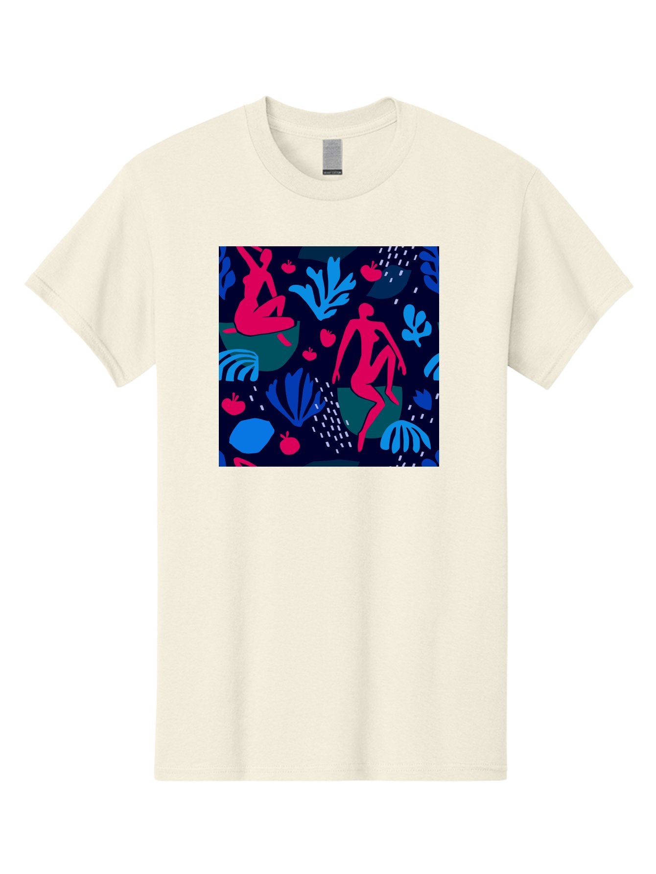 People-In-Nature Men'S Graphic Tee, 100% Cotton, Comfortable Casual Summer Wear, Machine Washable, Stylized Female Figures, Botanical Elements, Abstract Shapes, Vibrant Colors, Dynamic Composition, Modern Art, Surrealism, Creative Expression Aab624 4