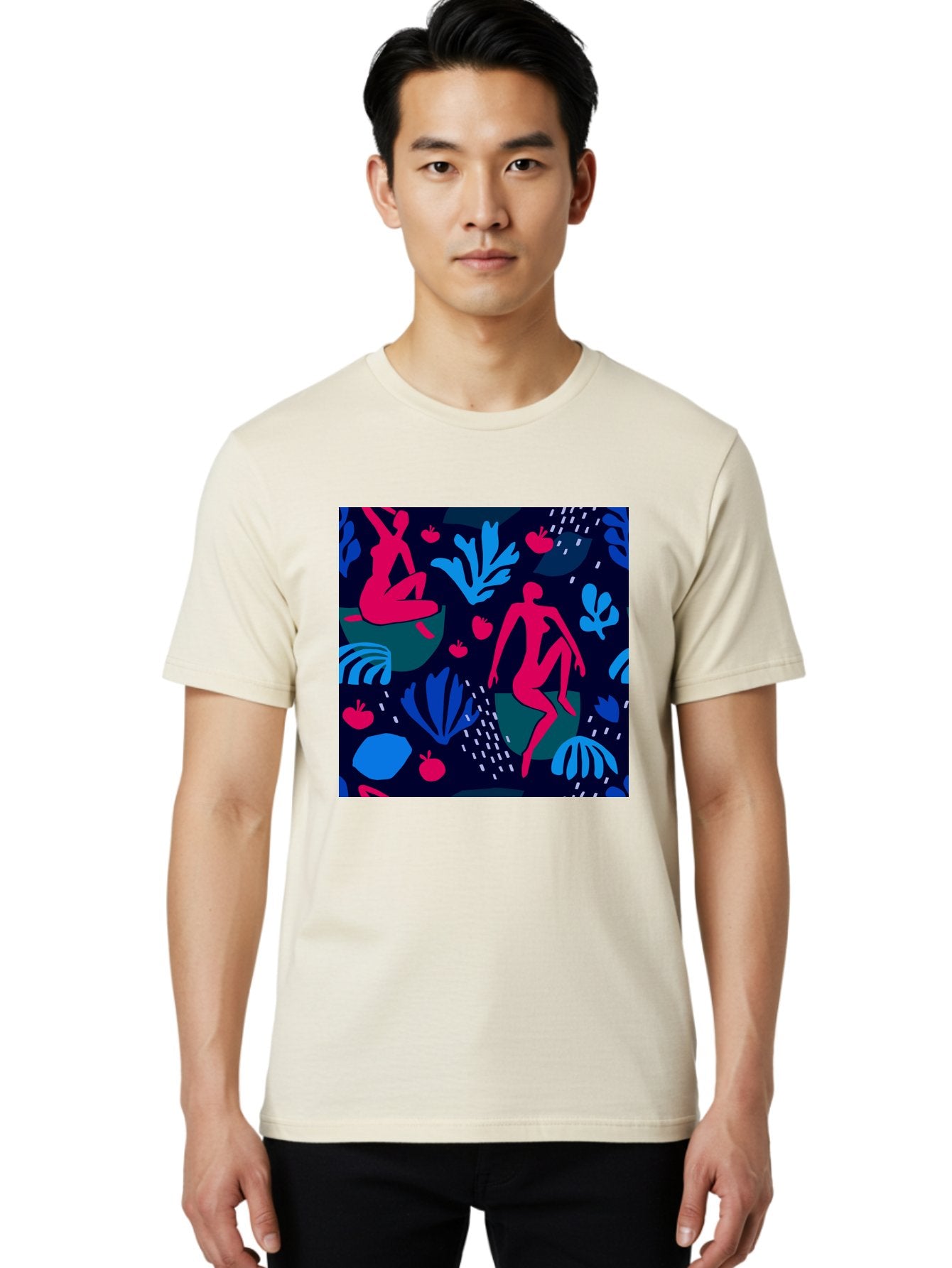 People-In-Nature Men'S Graphic Tee, 100% Cotton, Comfortable Casual Summer Wear, Machine Washable, Stylized Female Figures, Botanical Elements, Abstract Shapes, Vibrant Colors, Dynamic Composition, Modern Art, Surrealism, Creative Expression Aab624 18