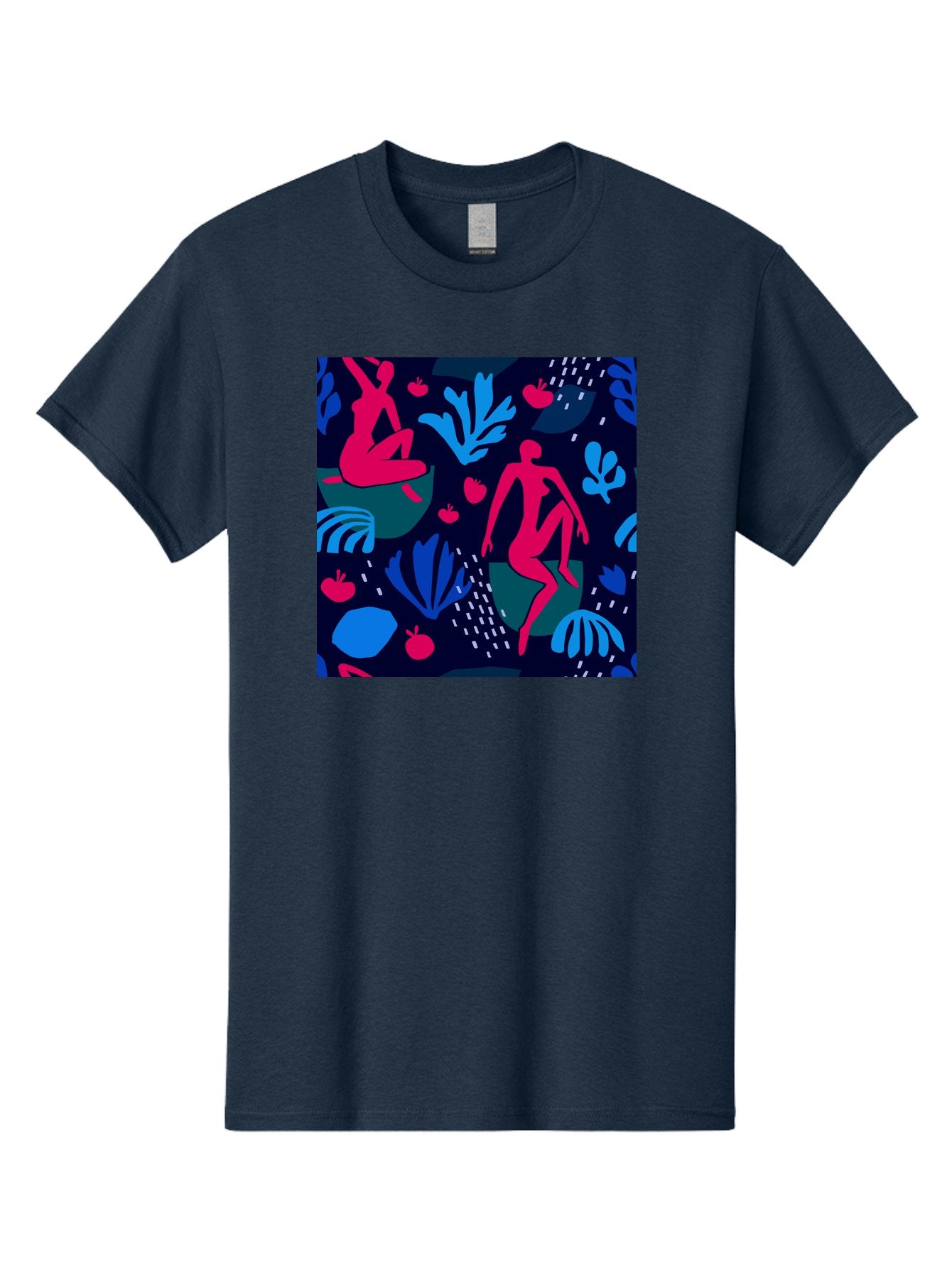 People-In-Nature Men'S Graphic Tee, 100% Cotton, Comfortable Casual Summer Wear, Machine Washable, Stylized Female Figures, Botanical Elements, Abstract Shapes, Vibrant Colors, Dynamic Composition, Modern Art, Surrealism, Creative Expression Aab624 12
