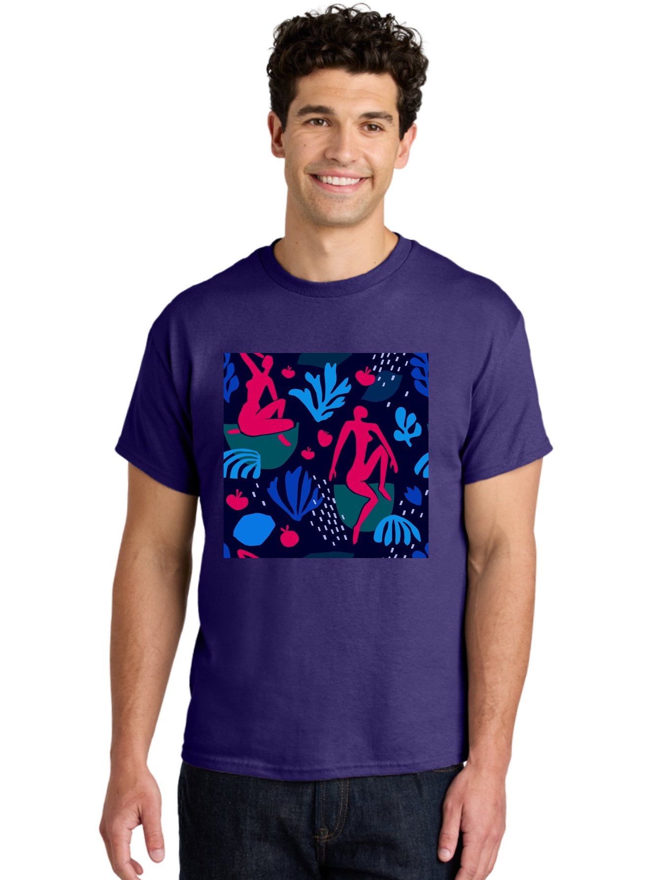 People-In-Nature Men'S Graphic Tee, 100% Cotton, Comfortable Casual Summer Wear, Machine Washable, Stylized Female Figures, Botanical Elements, Abstract Shapes, Vibrant Colors, Dynamic Composition, Modern Art, Surrealism, Creative Expression Aab624 26