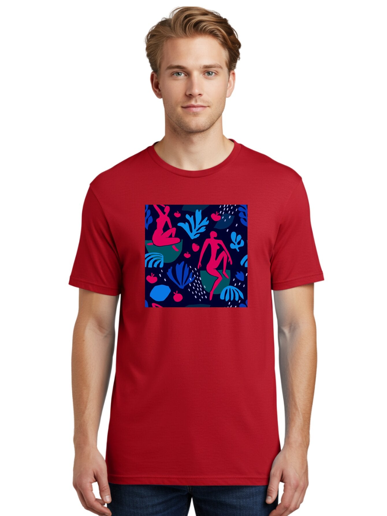 People-In-Nature Men'S Graphic Tee, 100% Cotton, Comfortable Casual Summer Wear, Machine Washable, Stylized Female Figures, Botanical Elements, Abstract Shapes, Vibrant Colors, Dynamic Composition, Modern Art, Surrealism, Creative Expression Aab624 29