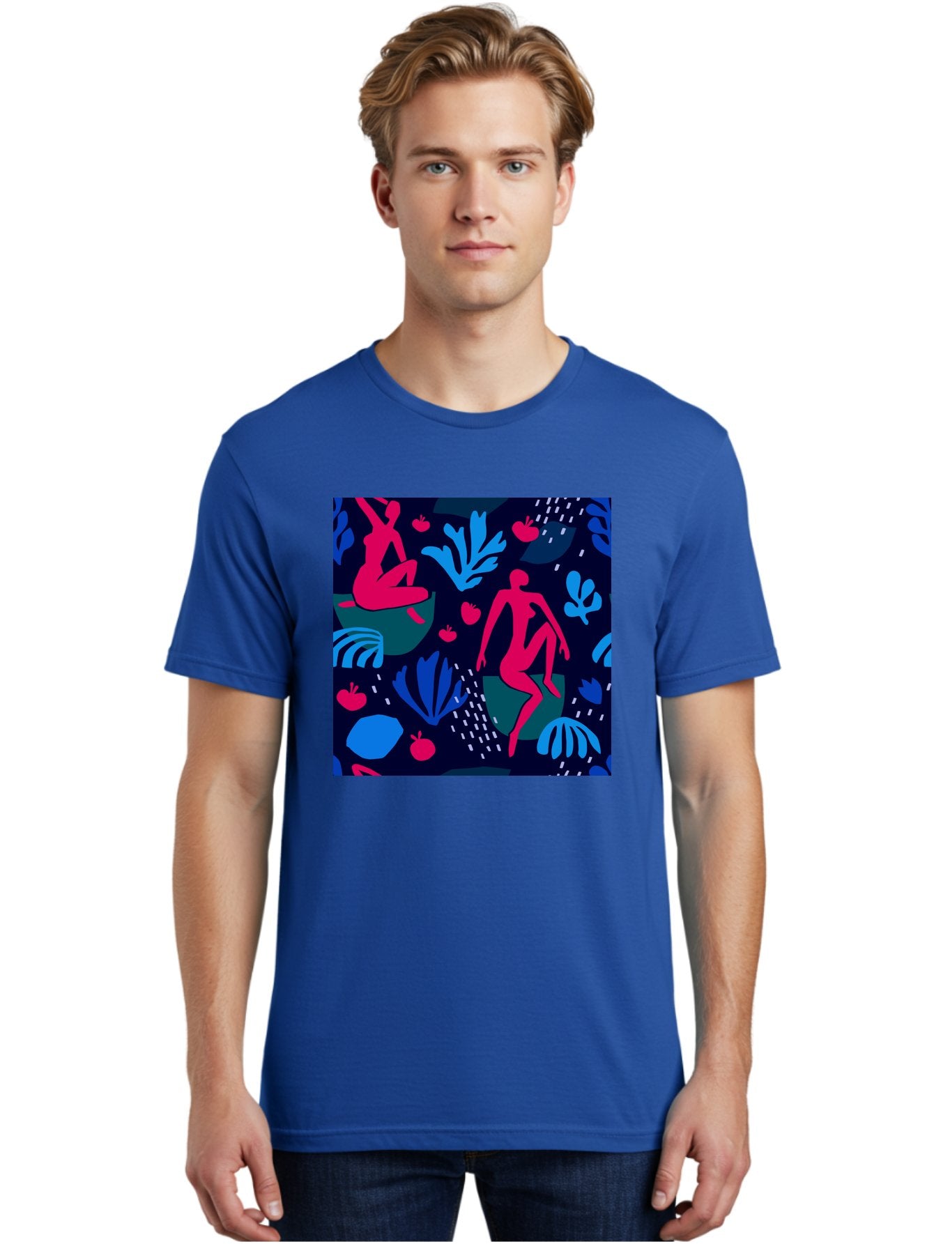 People-In-Nature Men'S Graphic Tee, 100% Cotton, Comfortable Casual Summer Wear, Machine Washable, Stylized Female Figures, Botanical Elements, Abstract Shapes, Vibrant Colors, Dynamic Composition, Modern Art, Surrealism, Creative Expression Aab624 30