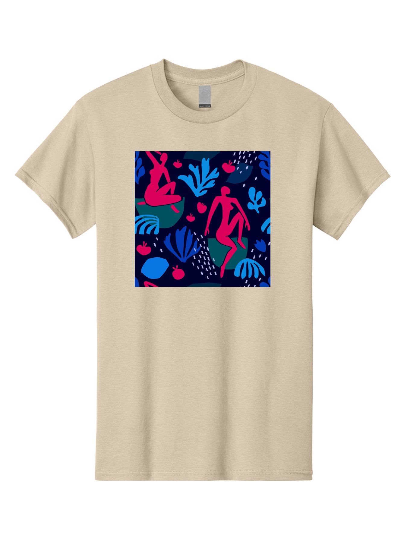 People-In-Nature Men'S Graphic Tee, 100% Cotton, Comfortable Casual Summer Wear, Machine Washable, Stylized Female Figures, Botanical Elements, Abstract Shapes, Vibrant Colors, Dynamic Composition, Modern Art, Surrealism, Creative Expression Aab624 11