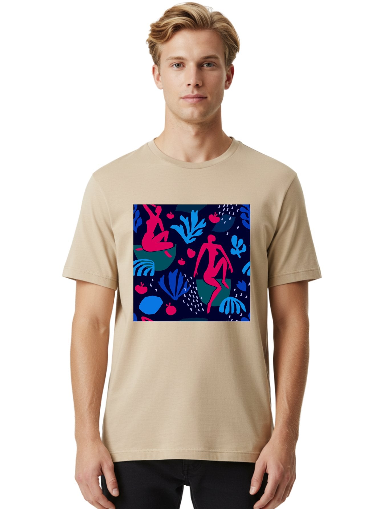People-In-Nature Men'S Graphic Tee, 100% Cotton, Comfortable Casual Summer Wear, Machine Washable, Stylized Female Figures, Botanical Elements, Abstract Shapes, Vibrant Colors, Dynamic Composition, Modern Art, Surrealism, Creative Expression Aab624 27