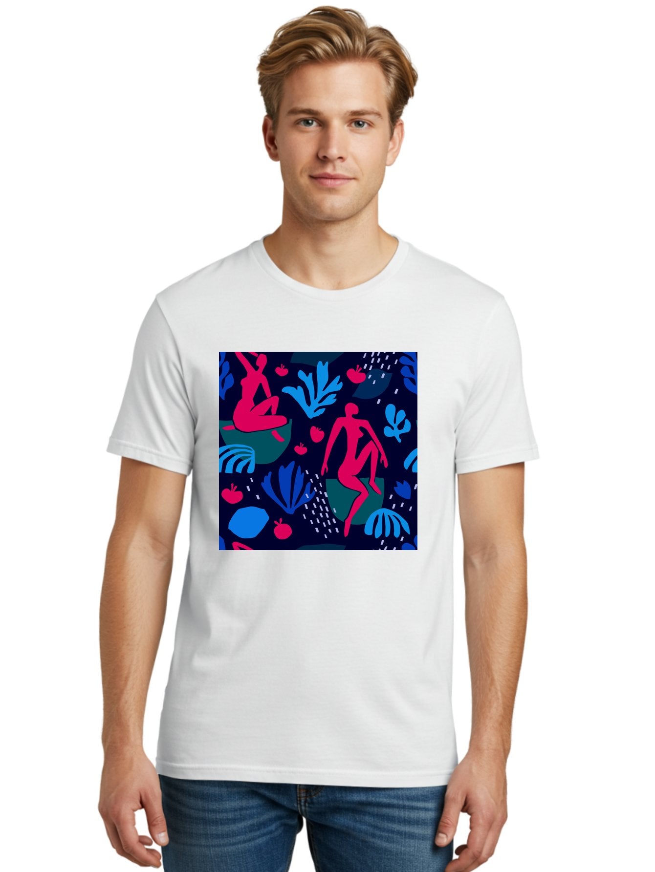 People-In-Nature Men'S Graphic Tee, 100% Cotton, Comfortable Casual Summer Wear, Machine Washable, Stylized Female Figures, Botanical Elements, Abstract Shapes, Vibrant Colors, Dynamic Composition, Modern Art, Surrealism, Creative Expression Aab624 16