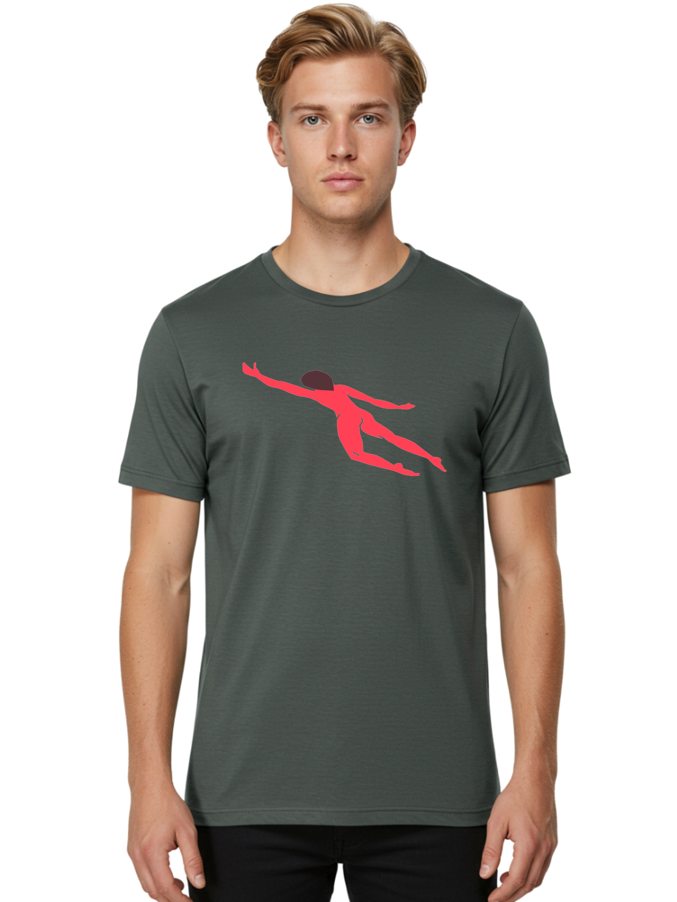 Pink-Silhouette Men'S Graphic Tee, 100% Cotton, Comfortable Casual Summer Wear, Machine Washable, Swimming Motion, Aquatic Activity, Sports, Dynamic Movement, Water Sports, Freestyle Swimmer, Red Figure, Fluid Motion Aab630 26