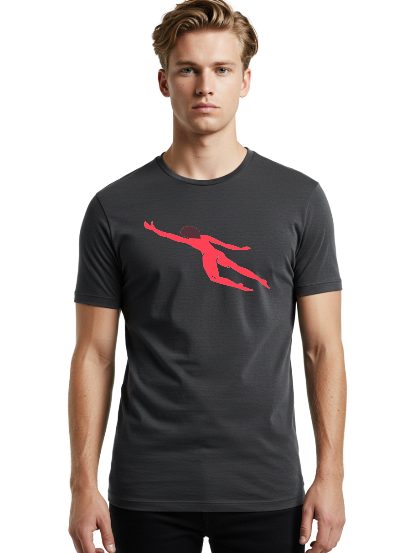 Pink-Silhouette Men'S Graphic Tee, 100% Cotton, Comfortable Casual Summer Wear, Machine Washable, Swimming Motion, Aquatic Activity, Sports, Dynamic Movement, Water Sports, Freestyle Swimmer, Red Figure, Fluid Motion Aab630 12