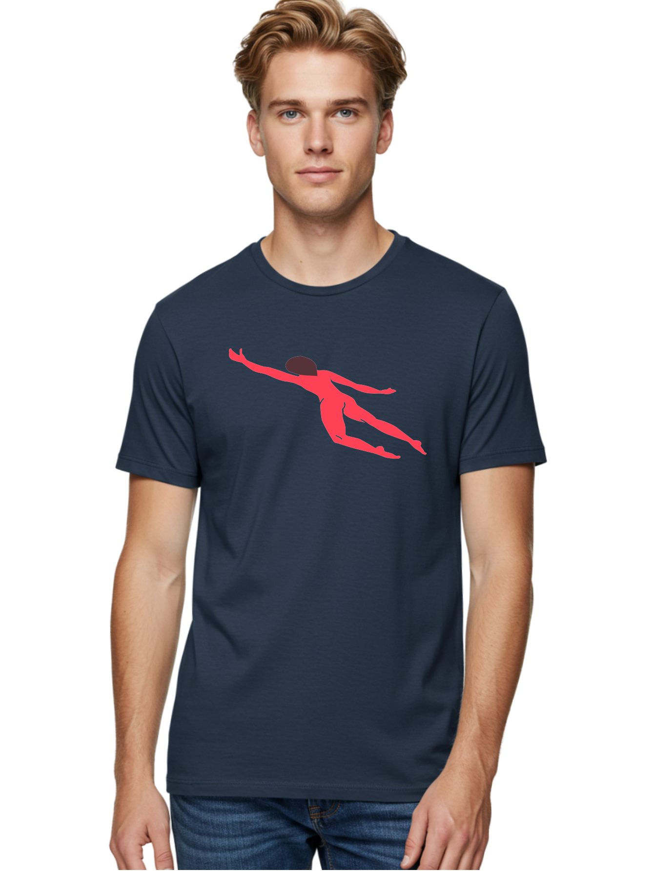 Pink-Silhouette Men'S Graphic Tee, 100% Cotton, Comfortable Casual Summer Wear, Machine Washable, Swimming Motion, Aquatic Activity, Sports, Dynamic Movement, Water Sports, Freestyle Swimmer, Red Figure, Fluid Motion Aab630 10