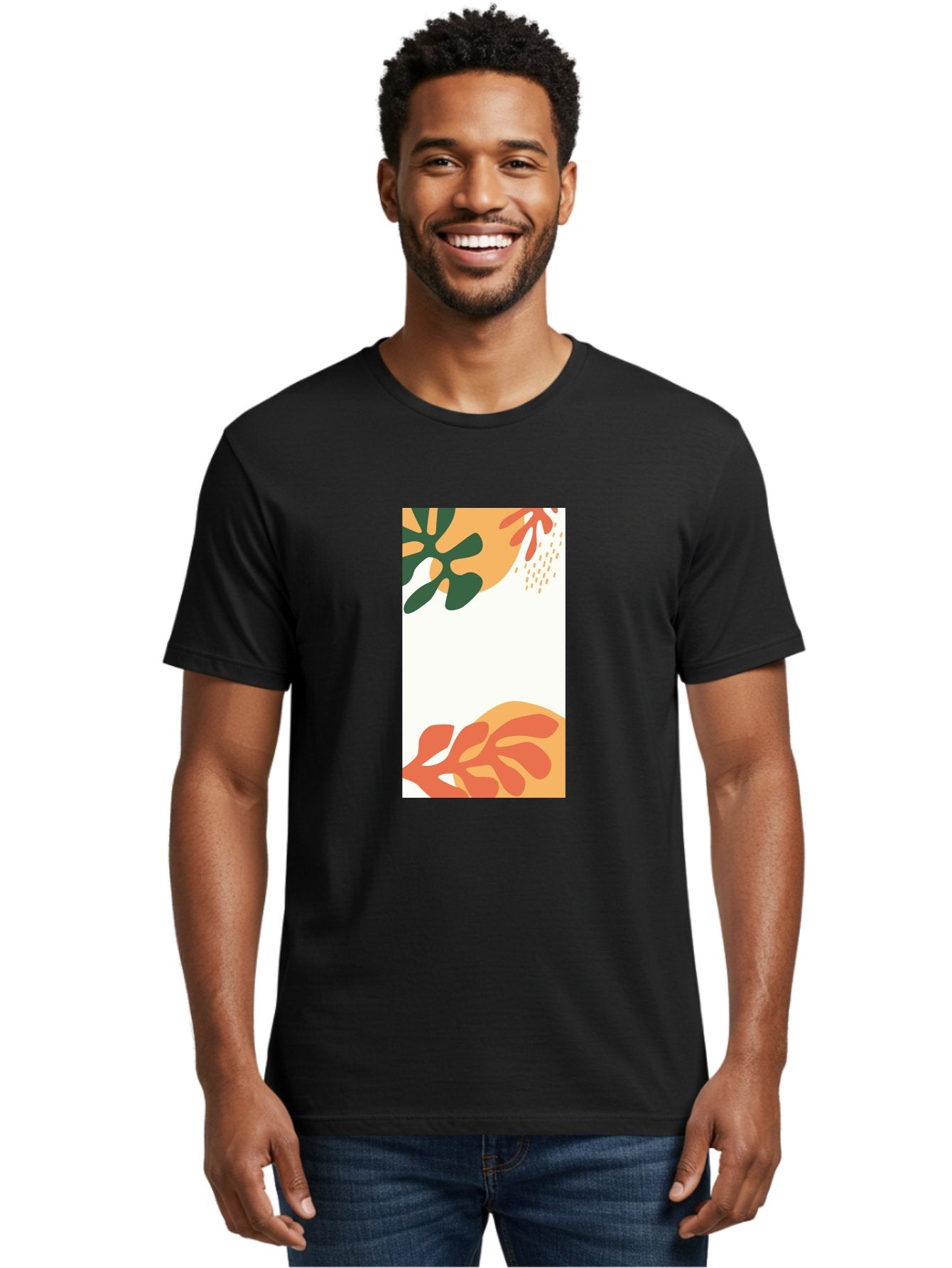 Tropical-Leaves Men'S Graphic Tee, 100% Cotton, Comfortable Casual Summer Wear, Machine Washable, Tropical Leaves, Abstract Art, Modern Design, Minimalist Style, Orange And Green Hues, Creative Graphics, Digital Illustration, Contemporary Art Aab636 21