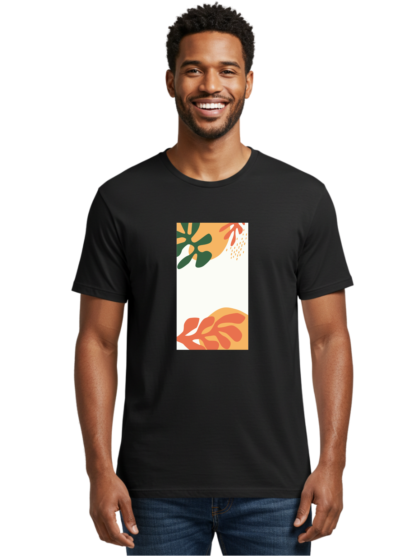 Tropical-Leaves Men'S Graphic Tee, 100% Cotton, Comfortable Casual Summer Wear, Machine Washable, Tropical Leaves, Abstract Art, Modern Design, Minimalist Style, Orange And Green Hues, Creative Graphics, Digital Illustration, Contemporary Art Aab636 20