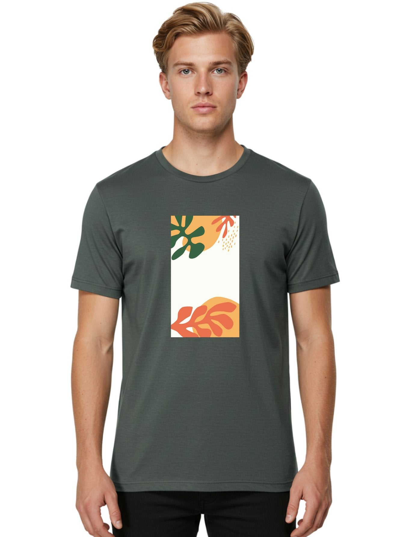 Tropical-Leaves Men'S Graphic Tee, 100% Cotton, Comfortable Casual Summer Wear, Machine Washable, Tropical Leaves, Abstract Art, Modern Design, Minimalist Style, Orange And Green Hues, Creative Graphics, Digital Illustration, Contemporary Art Aab636 25