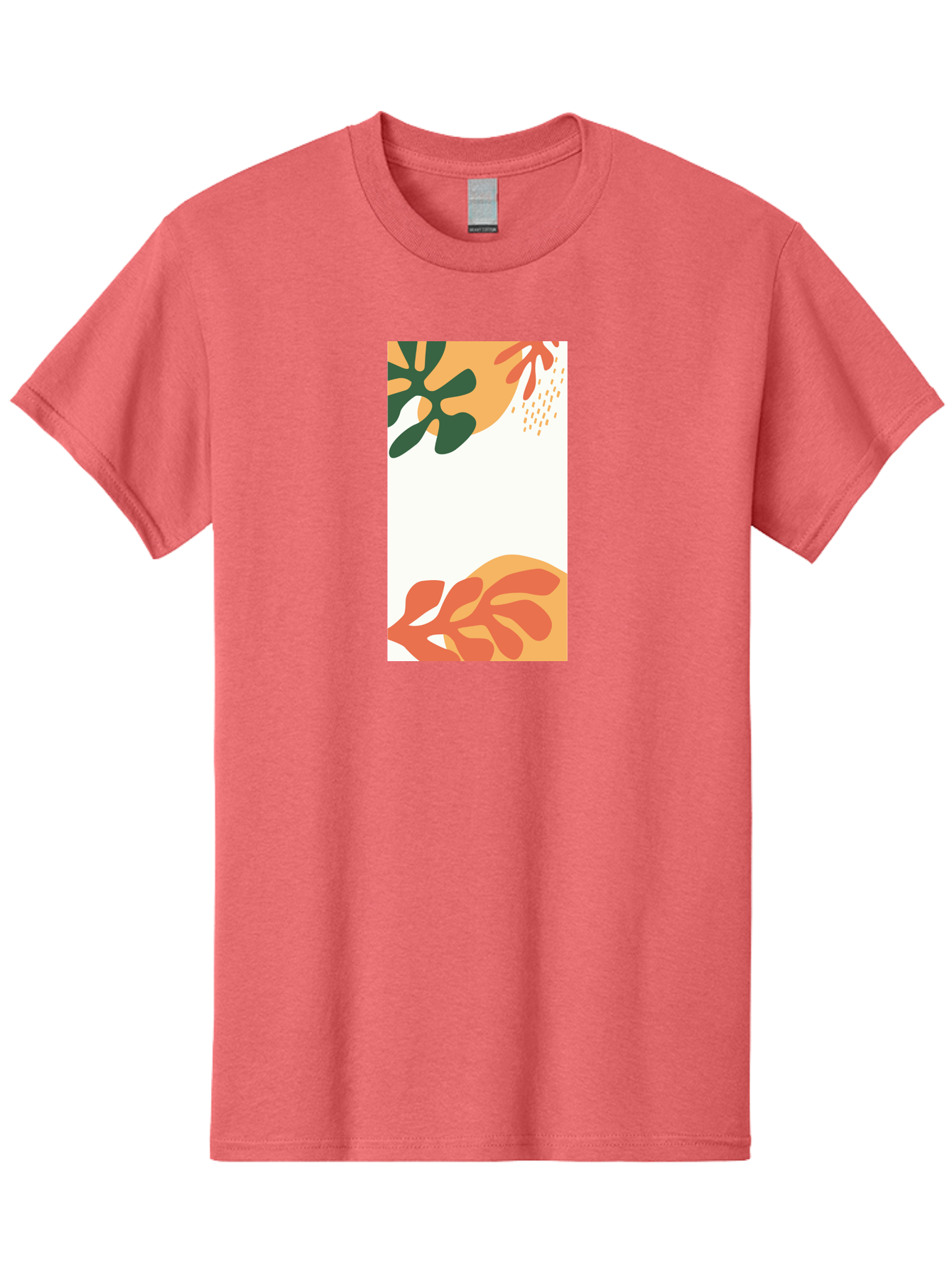 Tropical-Leaves Men'S Graphic Tee, 100% Cotton, Comfortable Casual Summer Wear, Machine Washable, Tropical Leaves, Abstract Art, Modern Design, Minimalist Style, Orange And Green Hues, Creative Graphics, Digital Illustration, Contemporary Art Aab636