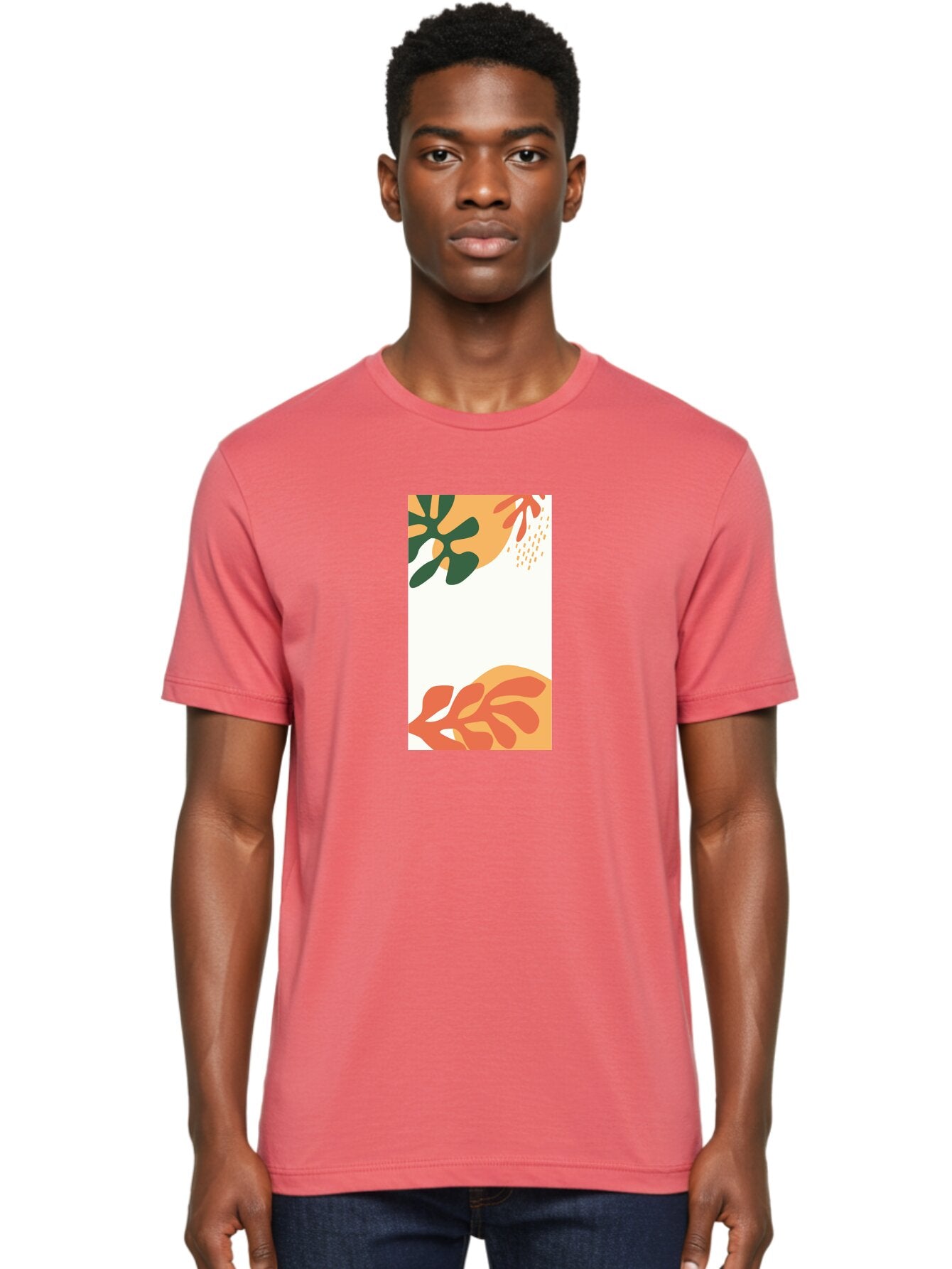 Tropical-Leaves Men'S Graphic Tee, 100% Cotton, Comfortable Casual Summer Wear, Machine Washable, Tropical Leaves, Abstract Art, Modern Design, Minimalist Style, Orange And Green Hues, Creative Graphics, Digital Illustration, Contemporary Art Aab636 30