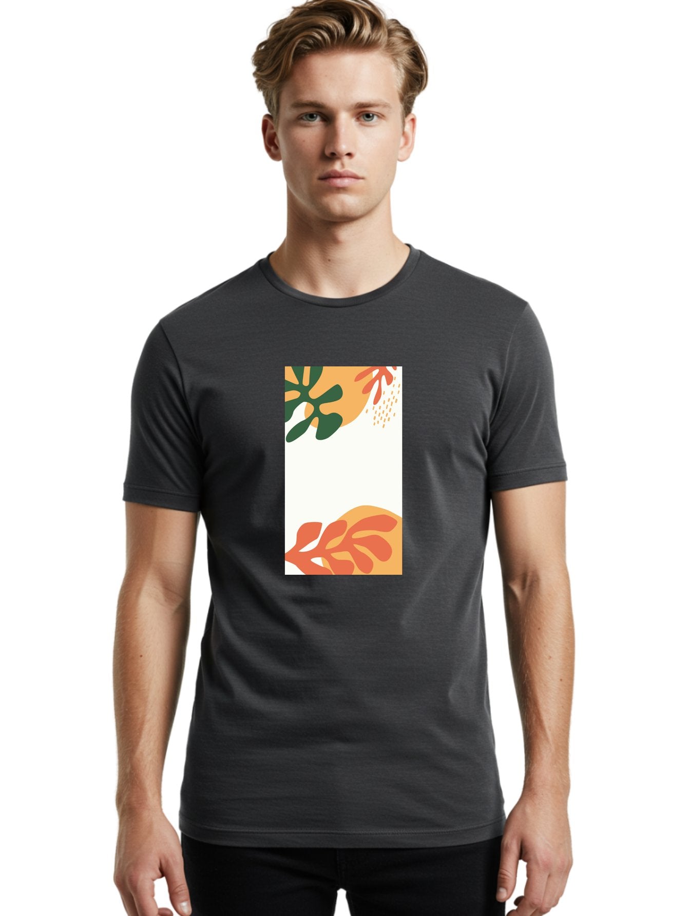 Tropical-Leaves Men'S Graphic Tee, 100% Cotton, Comfortable Casual Summer Wear, Machine Washable, Tropical Leaves, Abstract Art, Modern Design, Minimalist Style, Orange And Green Hues, Creative Graphics, Digital Illustration, Contemporary Art Aab636 24