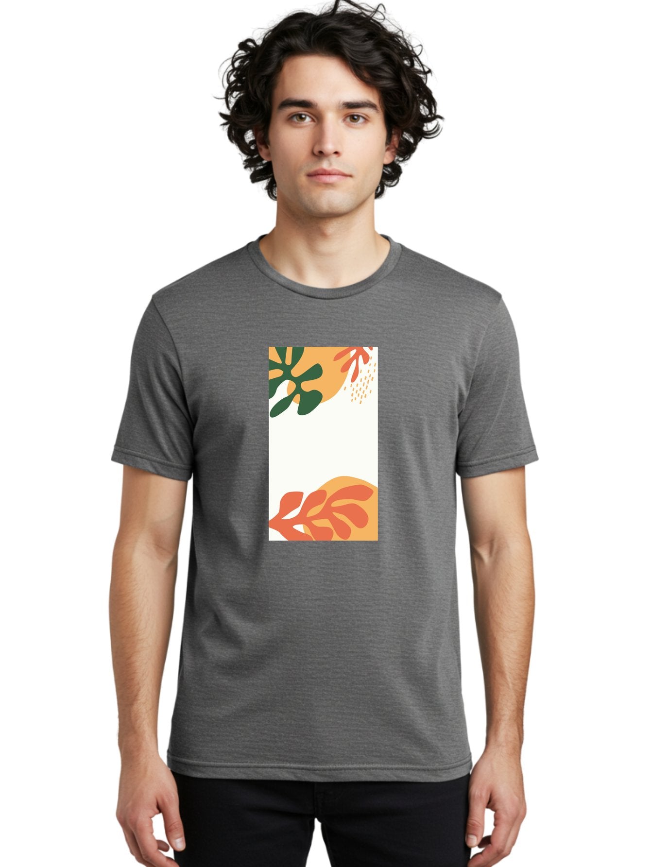Tropical-Leaves Men'S Graphic Tee, 100% Cotton, Comfortable Casual Summer Wear, Machine Washable, Tropical Leaves, Abstract Art, Modern Design, Minimalist Style, Orange And Green Hues, Creative Graphics, Digital Illustration, Contemporary Art Aab636 16