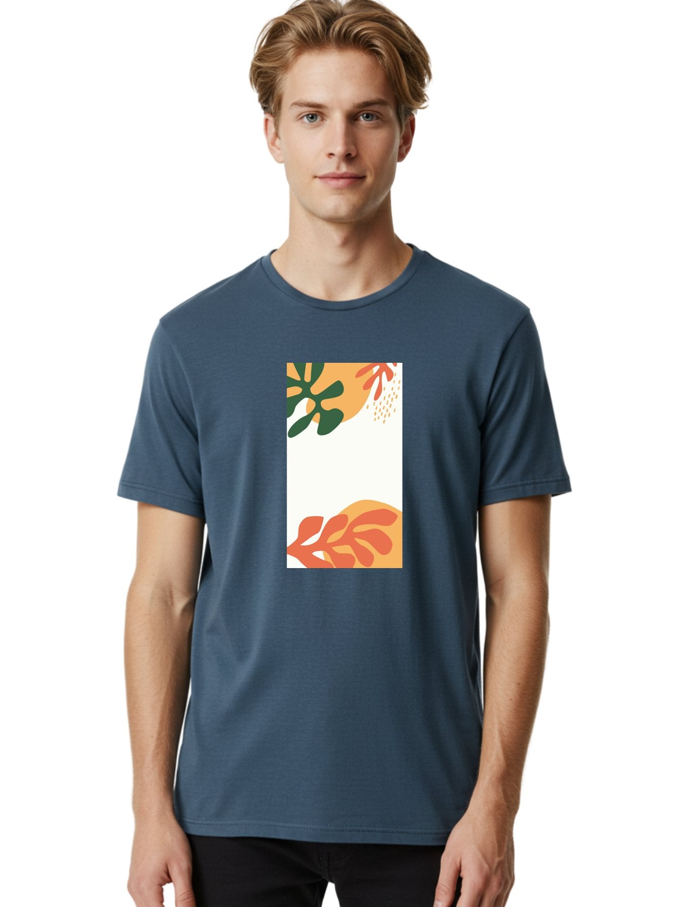 Tropical-Leaves Men'S Graphic Tee, 100% Cotton, Comfortable Casual Summer Wear, Machine Washable, Tropical Leaves, Abstract Art, Modern Design, Minimalist Style, Orange And Green Hues, Creative Graphics, Digital Illustration, Contemporary Art Aab636 27